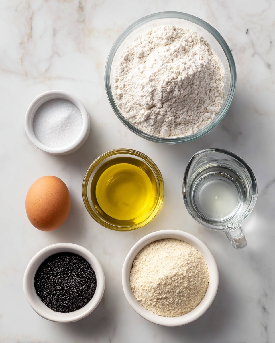The image shows ingredients for baking arranged neatly on a white marbled surface. At the top, there is a large clear container filled with white bread flour. Below it, from left to right, there is a small white bowl with white sugar, a clear glass container with yellow olive oil, and a clear measuring cup with water. In the center, just under the oil, lies a single brown egg. On the left side, there is a small white bowl filled with white salt, below that a similar bowl holding black sesame seeds, and finally, to the right, a small white bowl with light beige yeast. All items are arranged in an orderly grid with clear labels beside each ingredient. photo taken with an iphone --ar 4:5 --v 7