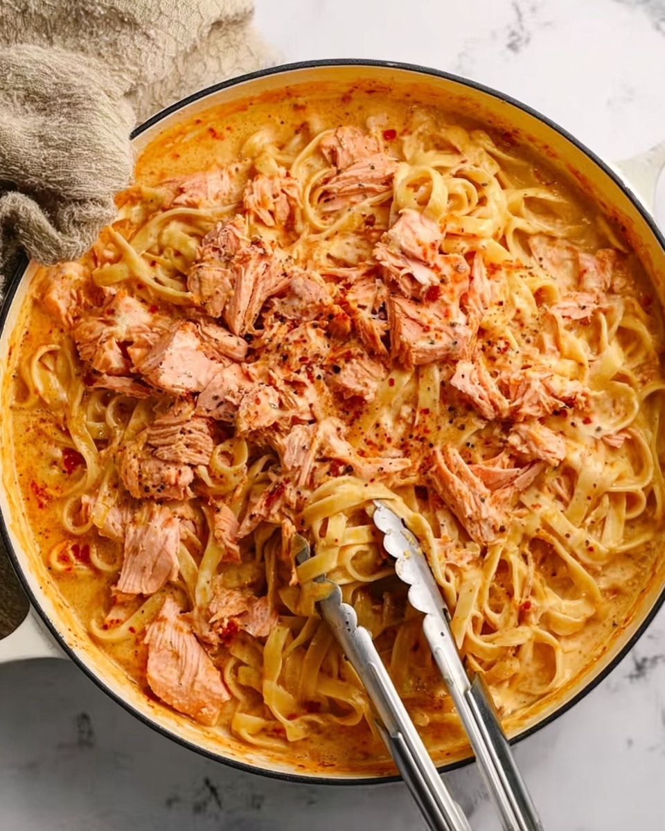 A large white pan filled with creamy orange sauce and thick fettuccine noodles mixing through it. On top of the noodles, there are large chunks of pink cooked salmon spread evenly. Two metal tongs rest inside the pan holding some noodles. The pan is on a white marbled surface with a beige cloth partly visible in the background. The whole dish looks rich and creamy with textured layers of noodles and flaky salmon on top. photo taken with an iphone --ar 4:5 --v 7