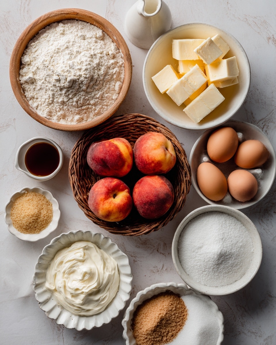 A top-down view of many baking ingredients arranged neatly on a white marbled surface. At the center, a woven basket holds six ripe peaches with red and orange skin. Surrounding the basket are white bowls filled with different ingredients: flour with a fine, powdery texture in a large wooden bowl at the top left; yellow cubed butter in a speckled white bowl towards the middle right; brown sugar with a coarse grain texture in a white bowl on the lower right; powdery white sugar in a white scalloped bowl at the lower left; a small white bowl with creamy white cream cheese nearby. Additional elements include three brown eggs on a white egg tray top right, beige yeast granules in a small white bowl bottom left, a slice of lemon next to the brown sugar, a dark brown liquid labeled vanilla extract in a small white pitcher, and white cornstarch in a small round bowl just above the cream cheese. Each ingredient is labeled with soft beige tags. Photo taken with an iphone --ar 4:5 --v 7
