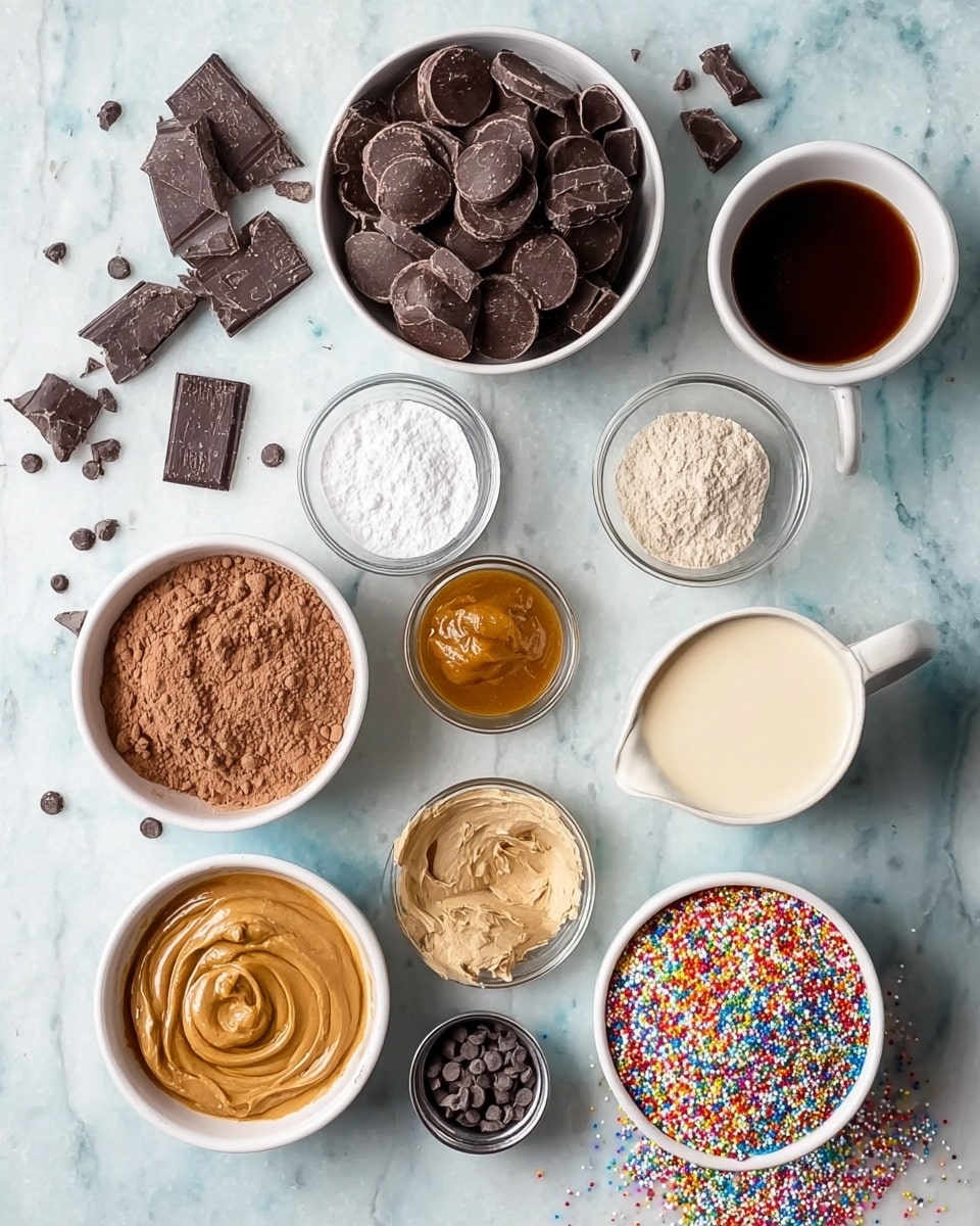 The image shows several small white bowls arranged on a white marbled surface, each holding different baking ingredients. At the top, a large bowl is filled with dark chocolate pieces of rounded, flat shapes, with some pieces scattered nearby. Below it, a small bowl has a dark brown liquid, and another small bowl in the center holds fine white powder. To the right, a white pitcher contains a creamy light beige liquid, and below it is a bowl with a thick, caramel-colored spread. In the middle of the image, a small glass bowl contains a light brown powder, and a tiny black bowl holds coarse salt. A larger bowl at the left side is filled with light brown cocoa powder, while directly below it another white bowl contains a smooth tan spread with a swirl texture on top. Near the bottom center, a bowl has small chocolate chips, and the lower right corner holds a bowl filled with brightly colored rainbow sprinkles, some scattered lightly on the surface nearby. photo taken with an iphone --ar 4:5 --v 7