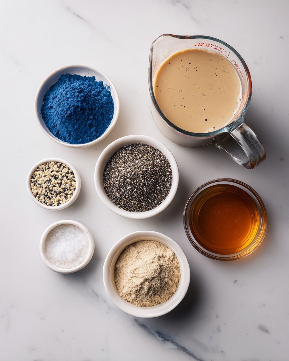 The image shows six ingredients placed on a white marbled surface. In the top center, there's a clear glass measuring cup filled with beige flax milk with a spout handle on the right. Around it are five small white bowls: the top left bowl contains bright blue powder labeled blue spirulina; below it, a bowl holds small black and white chia seeds; to the right of chia seeds, a bowl full of fine, light beige protein powder sits; on the bottom left, a bowl with white salt crystals; and lastly, at the bottom right, a bowl filled with dark amber maple syrup. Each bowl is round and transparent, showcasing the texture and color of the contents clearly. The scene is clean and simple, focusing on the ingredients' natural colors and textures. photo taken with an iphone --ar 4:5 --v 7