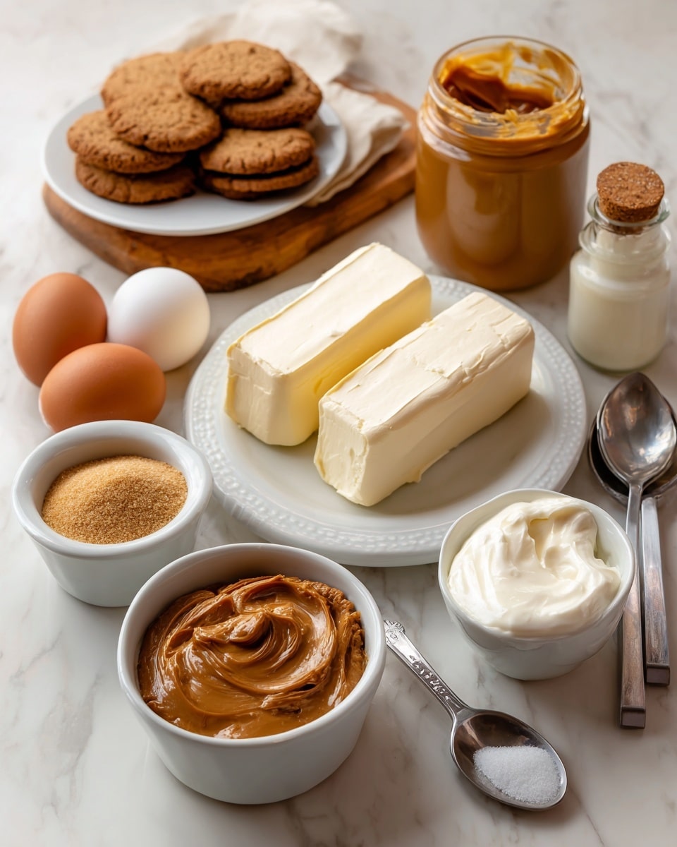 The image shows ingredients for a recipe arranged on a white marbled surface. There are two eggs at the center, with a white bowl of brown sugar to the left and another white bowl of sour cream below them. A white bowl filled with rich brown Biscoff cookie spread sits on the right. Behind these, there is a white plate holding two thick blocks of creamy white cream cheese. At the back left, a large jar of Biscoff spread is placed on a wooden board along with some Biscoff cookies on a white plate and a small bottle of vanilla extract. A silver measuring spoon with salt near the bowls completes the setup. The photo taken with an iphone --ar 4:5 --v 7
