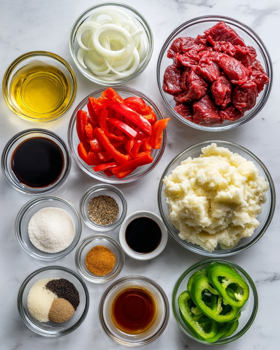 This image shows a top view of various small clear glass bowls arranged on a white marbled surface, each holding a different cooking ingredient. Starting from the top left, there's a bowl of clear vegetable oil, followed by thinly sliced white onion rings. In the middle left, there is a bowl filled with raw bright red flank steak strips and next to it, a bowl of sliced red bell pepper. Below, a bowl contains mashed potatoes with a smooth, creamy white texture. In smaller dishes are ingredients like dark brown sugar, ground black pepper, pale beige garlic paste, light tan ginger paste, white cornstarch powder, and amber-colored honey. There are also bowls with dark soy sauce, golden sesame oil, deep red wine vinegar, and green bell pepper slices. Each bowl’s contents show clear and rich colors contrasting with the clean white marble background. The overall layout is neat, with the labels in bold black text above each bowl. photo taken with an iphone --ar 4:5 --v 7