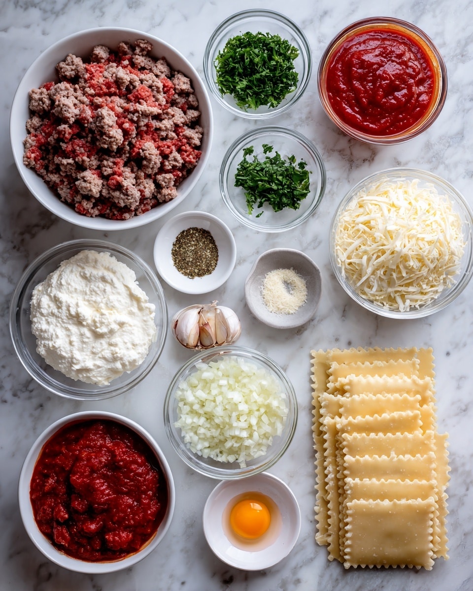 The image shows ingredients for lasagna arranged on a white marbled surface. At the top left, a large white bowl filled with raw ground beef and Italian sausage sits next to a small bowl of chopped fresh parsley. To the right, there are two glass bowls: one holds a smooth red tomato sauce and tomato paste mix, and the other contains shredded mozzarella cheese. Below these, a bowl of white ricotta cheese and a small bowl of dried parsley are placed side by side. In the center, a clear glass bowl is filled with finely chopped white onion, and next to it is a small plate of minced garlic. Several small white dishes contain Italian seasoning including fennel and basil, salt, pepper, and sugar. An egg cracked in a tiny glass bowl sits next to a pile of uncooked lasagna noodles with ruffled edges. On the bottom left, a large white bowl holds crushed tomatoes, and nearby is a bowl of shredded Parmesan cheese. The ingredients are all clearly separated and neatly arranged. Photo taken with an iphone --ar 4:5 --v 7