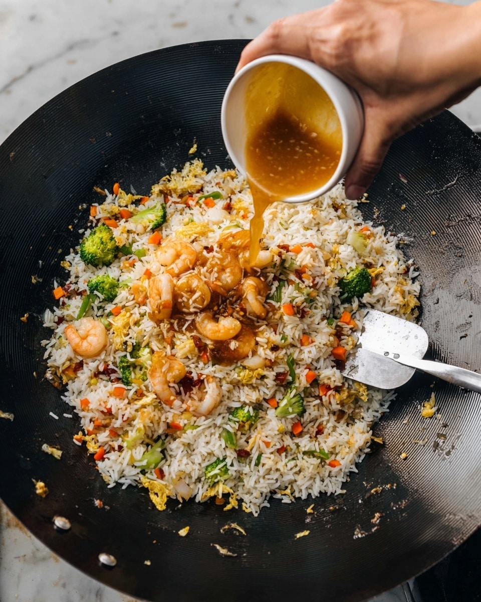 A large black wok holds cooked white rice mixed with small chopped orange carrots, green broccoli pieces, and brown meat cubes scattered evenly throughout. A woman's hand above the wok is pouring a thick golden-brown sauce from a white bowl onto the rice. A metal spatula rests in the wok, touching the rice mix gently. The background surface has a white marbled texture. photo taken with an iphone --ar 4:5 --v 7