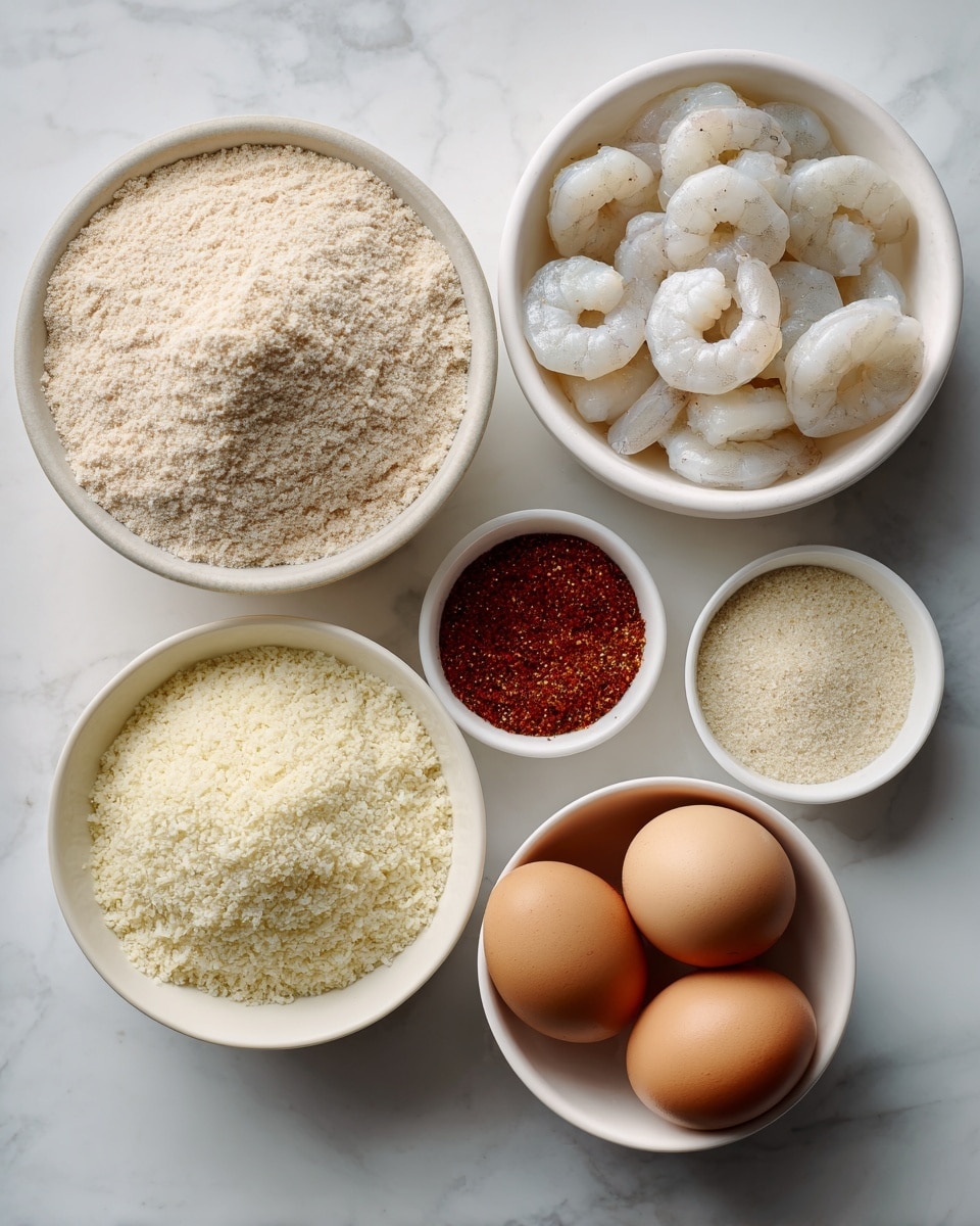 Five white bowls on a white marbled surface each with different ingredients arranged in a loose circle; the largest bowl at the top left holds fine, light brown whole wheat flour with a soft, powdery texture; to the right, a bowl filled with peeled raw shrimp showing a pale translucent white color with a slight shine; below the shrimp, a small white bowl contains two smooth brown eggs; bottom left, a larger bowl is filled with pale yellow panko crumbs that look light and flaky; above this bowl, a smallest white bowl holds reddish-brown Old Bay seasoning with a fine, grainy texture; the bowls are spaced evenly with clear labels identifying each ingredient photo taken with an iphone --ar 4:5 --v 7