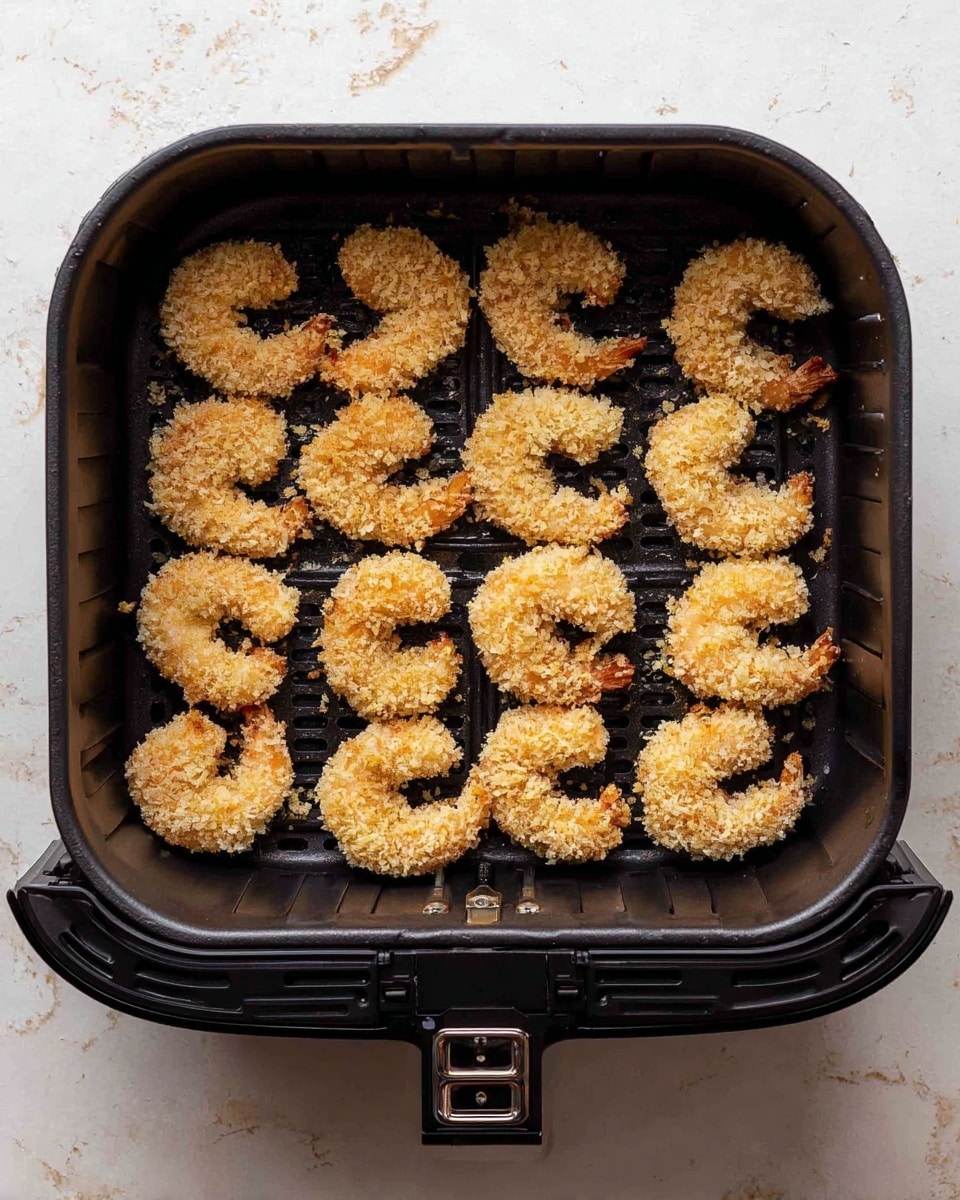 Inside a black air fryer basket, there are 15 pieces of breaded shrimp arranged in three rows. Each shrimp is curved, covered in a light tan, crispy breadcrumb coating that looks rough and crunchy. The shrimp are evenly spaced on the black basket grid that has small holes for air circulation. The basket is placed on a white marbled surface photo taken with an iphone --ar 4:5 --v 7