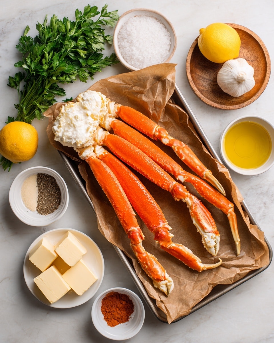 The image shows a metal tray lined with crumpled brown parchment paper holding four bright orange snow crab legs with white joints placed across the center. Around the tray on a white marbled surface are several small white bowls and one wooden bowl holding ingredients: fresh green parsley in a bunch at the top left, a whole bright yellow lemon above the tray, minced garlic in a small white bowl at the top right, coarse white kosher salt in a round wooden dish to the left, two blocks of pale yellow unsalted butter on a small white plate below the salt, a small white bowl with reddish-brown Cajun seasoning below the butter, a small white bowl with black pepper below the tray, and a small white bowl of golden olive oil to the right of the tray. The colors are natural and vibrant, with a clean and organized look. Photo taken with an iphone --ar 4:5 --v 7