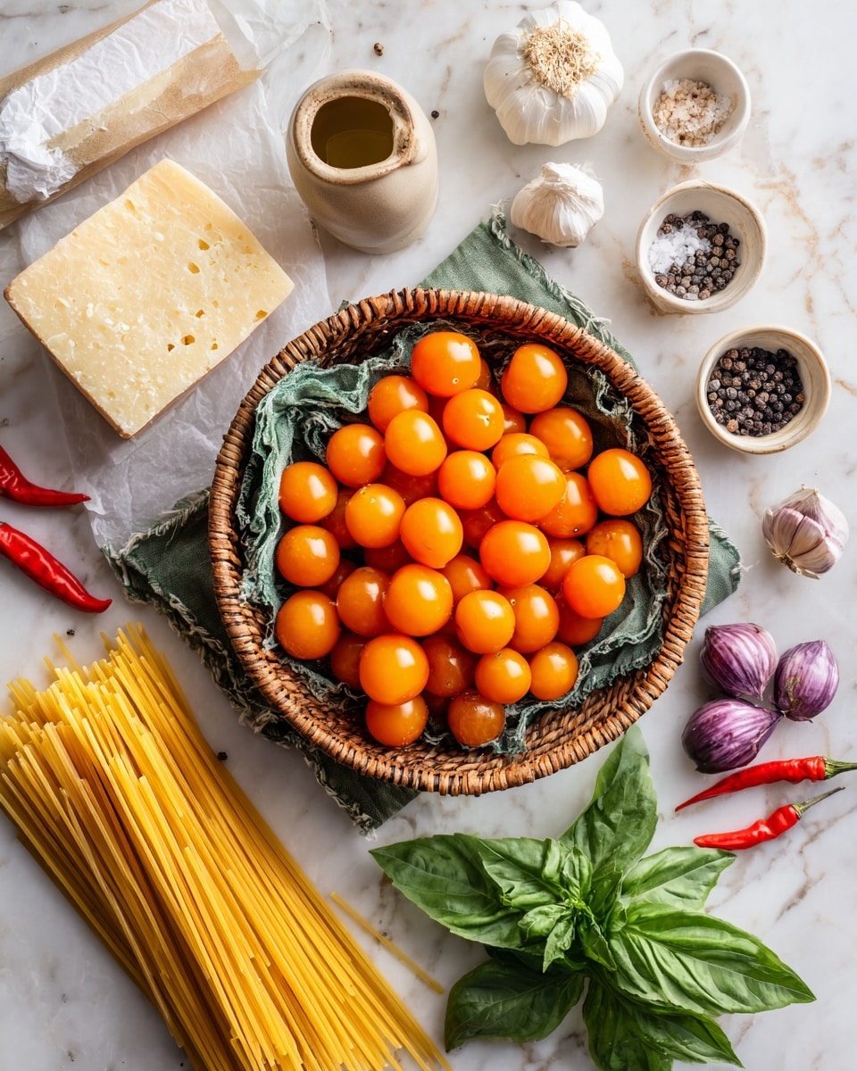 The image shows a top view of a food arrangement on a white marbled surface. At the center, there is a round wicker basket filled with bright orange sungold cherry tomatoes resting on a green cloth. Above the basket is a small beige ceramic container with oil. To the left of the basket, there is a stick of butter wrapped in paper and a garlic bulb with white cloves. Below the garlic is a piece of pale yellow parmesan cheese with a rough surface. A bunch of uncooked yellow pasta sticks stands vertically in the bottom left corner. On the top right, small white bowls hold black pepper and kosher salt. Two small purple shallots lie next to them. Below, a few red chili peppers are placed near a bunch of bright green basil leaves. The setup is neat and colorful with natural tones and textures, photo taken with an iphone --ar 4:5 --v 7