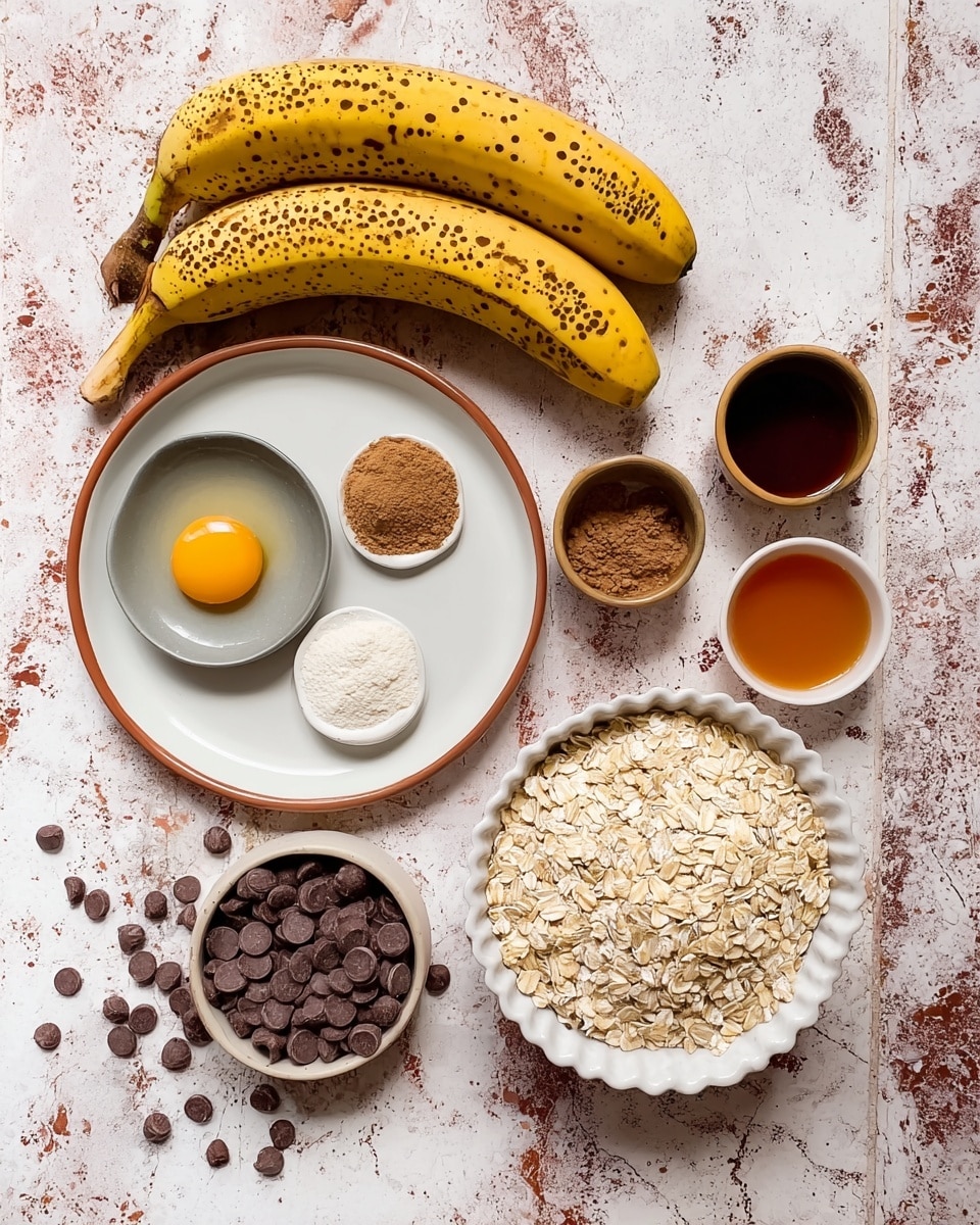 Two yellow bananas with brown spots lie side by side on a white plate with a thin brown rim. Next to them, a small gray bowl holds a raw egg yolk with white around it. Above the plate, a small white bowl contains three sections of different powders: light brown, medium brown, and white. Beside it, two small white bowls hold a dark brown liquid and an amber liquid. Below, a small dark bowl is filled with a fine white powder. To the right, a large white bowl is filled with dry oats, some spilling onto the white marbled surface. A small white scalloped bowl full of round light brown chocolate chips sits at the bottom left, with a few chips scattered nearby. The background shows a clean white marbled texture. photo taken with an iphone --ar 4:5 --v 7