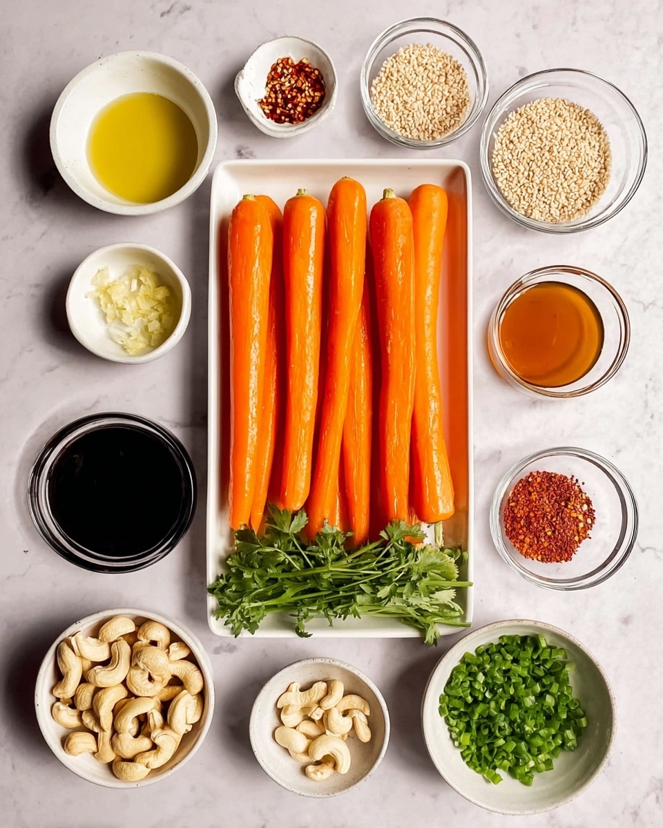 The image shows a white tray filled with eight bright orange carrots arranged vertically, with a small bunch of green leafy herbs placed near the bottom center of the tray. Around the tray, on a white marbled surface, are small white bowls and glass containers holding various ingredients: a bowl of light yellow oil, a bowl of dark brown sauce, a bowl of golden-colored liquid, a small glass bowl of chopped garlic, a white bowl full of cashew nuts, a bowl of green chopped spring onions, a glass bowl with grated ginger, a small white bowl of red chili flakes, a small bowl containing light-colored sesame seeds, and a bowl with a light amber liquid. The arrangement is neat and well-spaced, showing a clean and organized preparation of ingredients. photo taken with an iphone --ar 4:5 --v 7