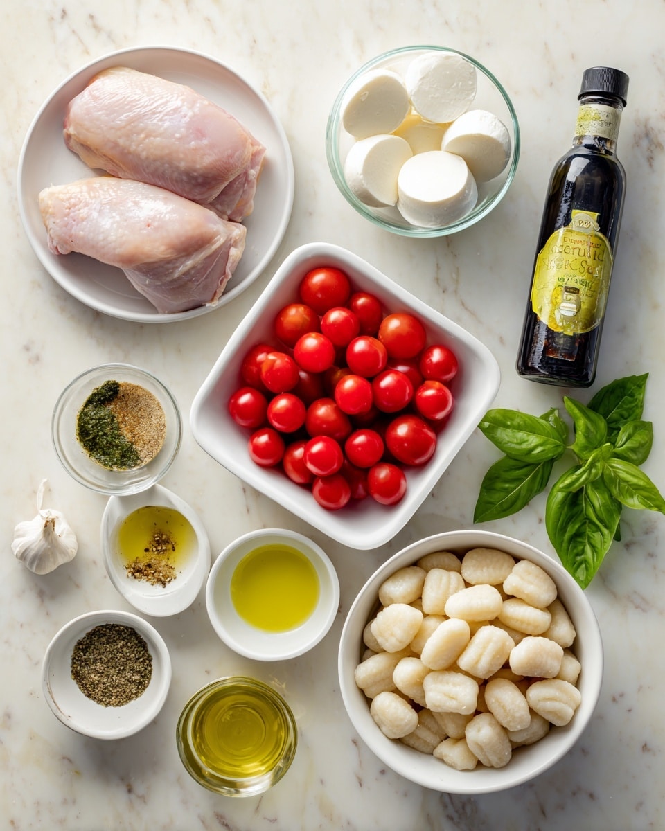 The image shows several white bowls and a bottle of ingredients arranged on a white marbled surface. In the center-left, there are two raw chicken pieces with a light pink color placed on a white plate. Above that is a square bowl filled with bright red cherry tomatoes, smooth and shiny. To the right, a large white bowl holds several white circular slices of mozzarella cheese with a soft texture. Below the chicken plate, another white bowl is full with light beige gnocchi, which have a slightly bumpy surface. In the middle near the bottom are three smaller white bowls: one with greenish-brown Italian seasoning, one with light yellow lemon juice, and one with greenish-yellow olive oil. Next to these is a clear bowl with whole white garlic cloves. To the right, fresh green basil leaves lay near a black bottle of balsamic glaze with a yellow label. The overall look is clean and fresh with a mix of white, green, red, and light pink colors. photo taken with an iphone --ar 4:5 --v 7