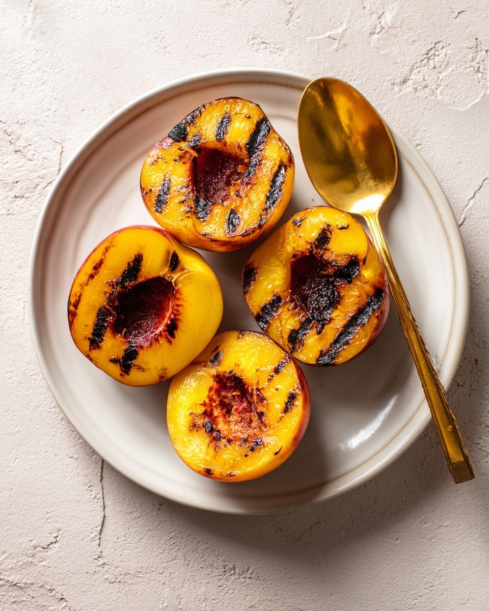 The image shows four grilled peach halves with dark char marks on their yellow-orange flesh, arranged closely together on a white marbled textured surface. Each peach has a deep cavity in its center, and a few small green herb sprigs rest on top, adding a touch of fresh green contrast. Golden honey is drizzled over and around the peaches, creating shiny, sticky pools on the surface. A golden spoon is placed near the peaches, reflecting soft light. The overall look is warm and inviting with bright, natural colors photo taken with an iphone --ar 4:5 --v 7