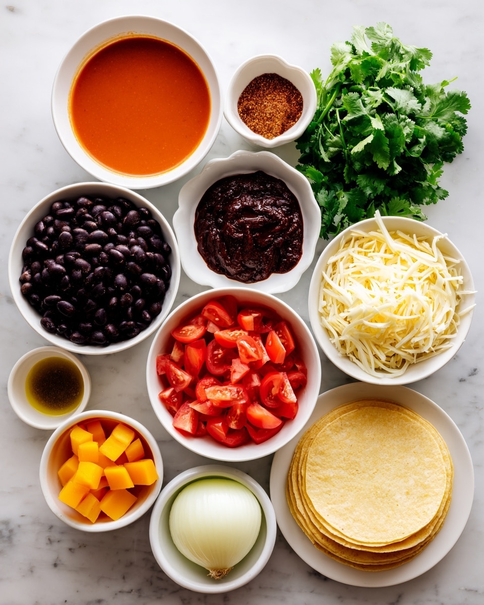 The image shows a flat lay of ingredients arranged neatly on a white marbled surface. There are ten small white bowls and one plate arranged in a loose circle. Starting from the top, a small bowl contains smooth enchilada sauce with a reddish-orange color. To the left of it, another bowl holds a mix of dry seasonings with colors ranging from red to light brown. Below, a bowl has dark brown-red chipotle peppers in sauce. To the right side near the center, there is a bunch of fresh green cilantro leaves. Next to it on the right is a small bowl filled with shredded cheese in pale yellow and white strands. Below the cheese, a stack of pale yellow corn tortillas lies flat. Near the bottom center, a bowl holds bright red chopped tomatoes. To the left, another bowl has black beans with a glossy black surface. Above the beans, half of a white onion with a smooth texture is placed on the surface. Near the center, a white bowl holds chunks of orange butternut squash. Finally, near the bottom left, a small bowl contains golden yellow oil. Everything is placed on a clean white marbled texture background. photo taken with an iphone --ar 4:5 --v 7