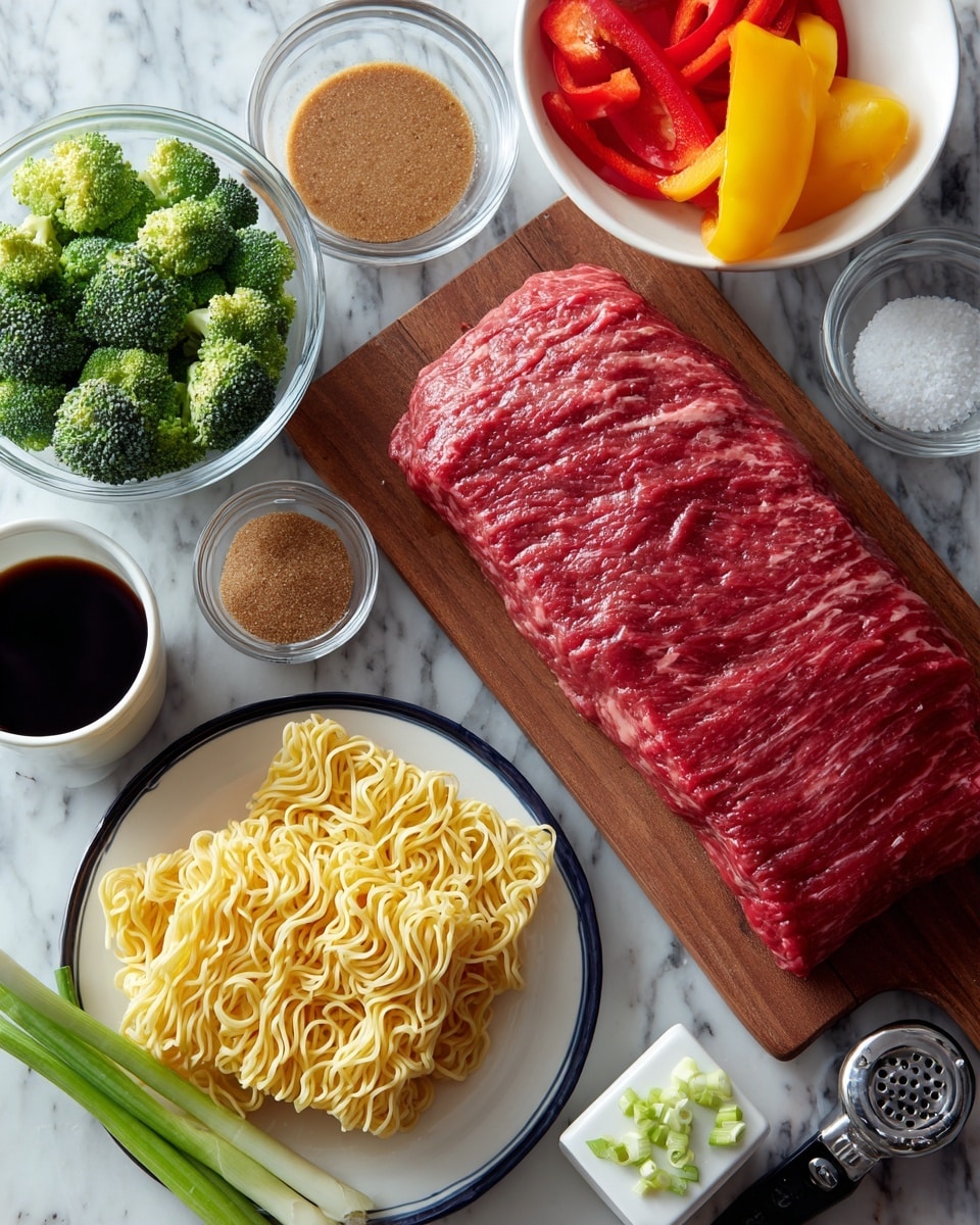 A wooden board holds a large red flank steak with a textured surface and some white marbling. Around it, several small clear bowls and white dishes hold ingredients: bright green broccoli florets in a clear bowl, yellow bell pepper slices in a clear bowl, and red bell pepper slices in a dark bowl. On a white plate with a blue rim, there are three blocks of uncooked, wavy yellow ramen noodles. Small white bowls contain brown sugar and ground ginger. A glass cup holds light brown beef broth, while a small white bowl contains dark soy sauce. There is a white rectangular grater with two garlic cloves on it, placed next to two fresh green onions on the white marbled surface. Nearby, small dishes hold sesame seeds and white coarse salt, with a black pepper shaker and a black measuring spoon holding sesame oil also placed on the surface. Photo taken with an iphone --ar 4:5 --v 7
