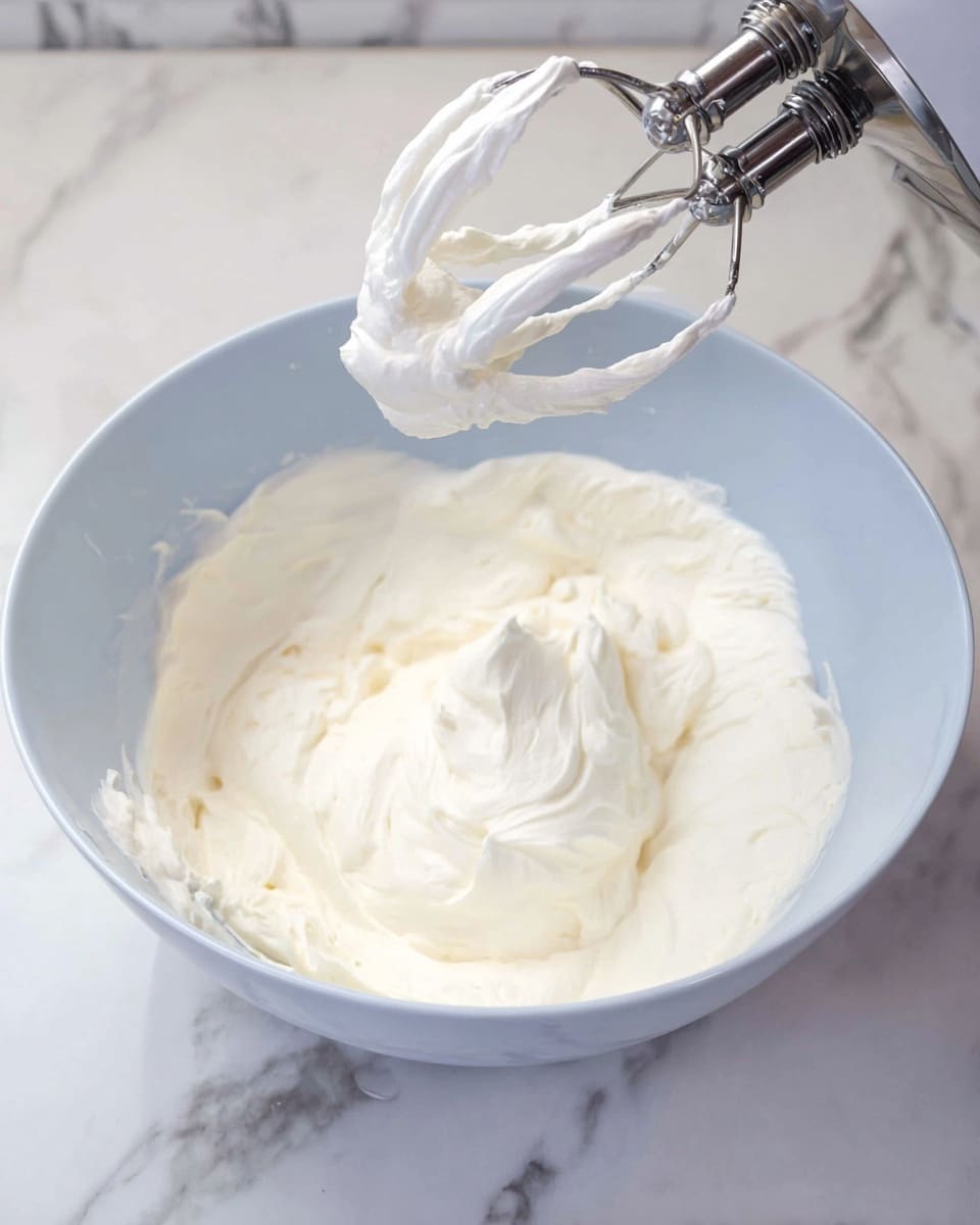 A large white bowl holds a thick, fluffy white cream being whipped by a handheld electric mixer. The cream fills the bowl almost halfway and has a smooth, airy texture with soft peaks. The metal beaters of the mixer are coated with the cream, slightly lifted above the bowl, showing the creamy mixture clinging to them. The background features a white marbled surface, creating a clean and simple setting. photo taken with an iphone --ar 4:5 --v 7