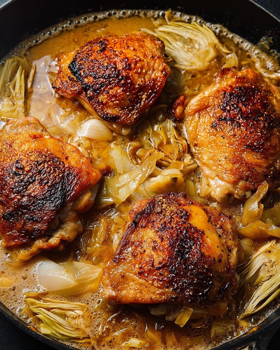 The image shows a black pan filled with four pieces of golden brown chicken thighs with crispy skin on top, each piece having a textured, slightly charred surface. Underneath and around the chicken, there is a light brown broth with visible bubbles, mixed with pale yellow artichoke pieces and small bits of rice scattered throughout. The chicken pieces are arranged closely, almost touching, floating in the broth and surrounded by soft, layered artichoke leaves that add a tender texture and light yellow color contrast to the rich brown tones of the chicken and broth. photo taken with an iphone --ar 4:5 --v 7