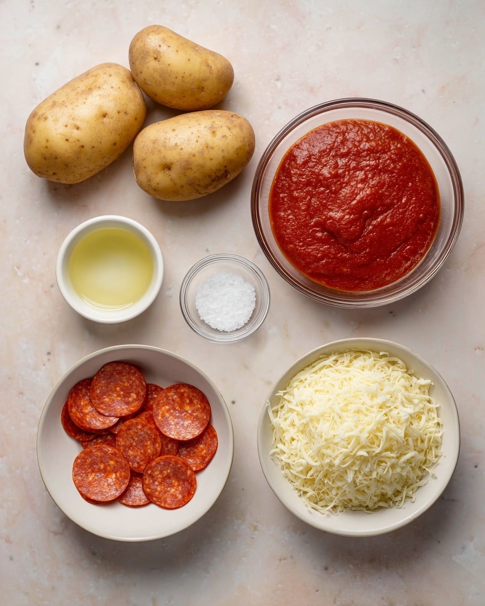 The image shows six main items on a white marbled surface arranged neatly. There are four whole brown potatoes with smooth skins in the top left area. To the right of the potatoes, there is a glass bowl filled with a thick red sauce that looks smooth and rich. Below the sauce, there is a small clear bowl holding white salt granules. To the left of the salt, a white bowl contains many thin, round slices of pepperoni, bright red with some orange spots. Below the pepperoni, a small white cup holds a pale yellow liquid that looks like oil. To the right of the oil cup, there is another white bowl with brown edges filled with a grated pale yellow cheese that looks fluffy. Photo taken with an iphone --ar 4:5 --v 7