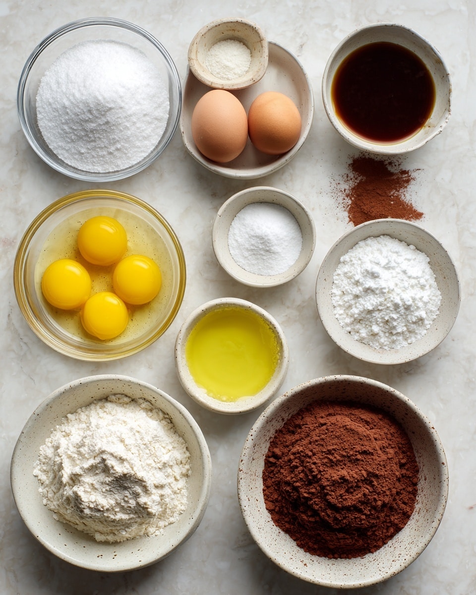The image shows several small white bowls and glass containers neatly arranged on a white marbled surface, each holding different baking ingredients. Starting from the top left is a glass bowl with white sugar, followed by a dark brown coffee in a white bowl on the right. Below the sugar, there is a glass bowl with four bright yellow egg yolks. In the center is a speckled white bowl filled with white cake flour. To the right, from top to bottom, are small white bowls containing white baking powder, baking soda, and salt. Below the egg yolks is a glass bowl with clear egg whites. Next to it is a white bowl with light yellow vegetable oil. At the bottom right, a speckled white bowl holds three scoops of cocoa powder with a rich brown color and slightly crumbly texture. photo taken with an iphone --ar 4:5 --v 7