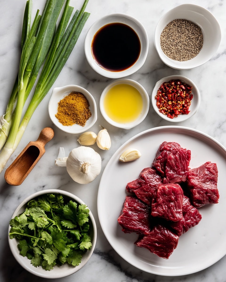The image shows a pan filled with pieces of cooked beef, browned on the edges but still pink in the middle, topped with a large pile of bright green chopped spring onions in the center. Thin slices of light yellow garlic are scattered on one side of the spring onions, blending slightly into the meat below. The beef pieces look juicy with visible seasoning like small red flakes. The pan is black, and the background has a smooth white marbled texture. photo taken with an iphone --ar 4:5 --v 7