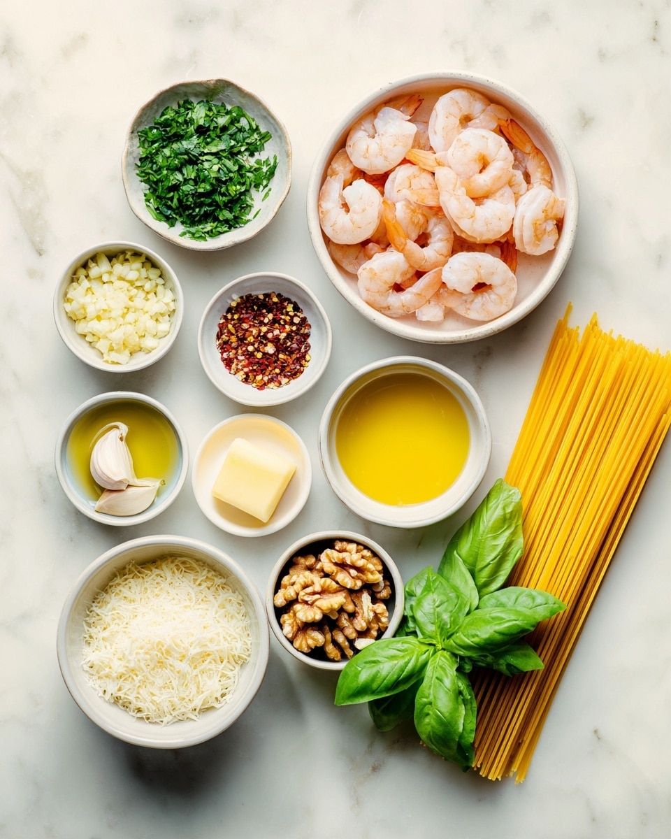 The image shows ingredients for a shrimp pasta dish arranged neatly on a white marbled surface. There are ten small bowls placed evenly: one with finely chopped garlic, another with fresh green parsley, a small one holding crushed red pepper flakes, and one containing white salt. A small bowl with golden olive oil and another with a pale yellow butter ball sit near the center. There's a bowl filled with peeled, pink shrimp and a white bowl with finely grated Parmesan cheese. A bowl with walnut halves and another with bright green fresh basil leaves are also present. Uncooked spaghetti lies in a neat bundle on the right side. Each bowl or bundle is distinct in color and texture, creating a vibrant mix of fresh and raw ingredients photo taken with an iphone --ar 4:5 --v 7