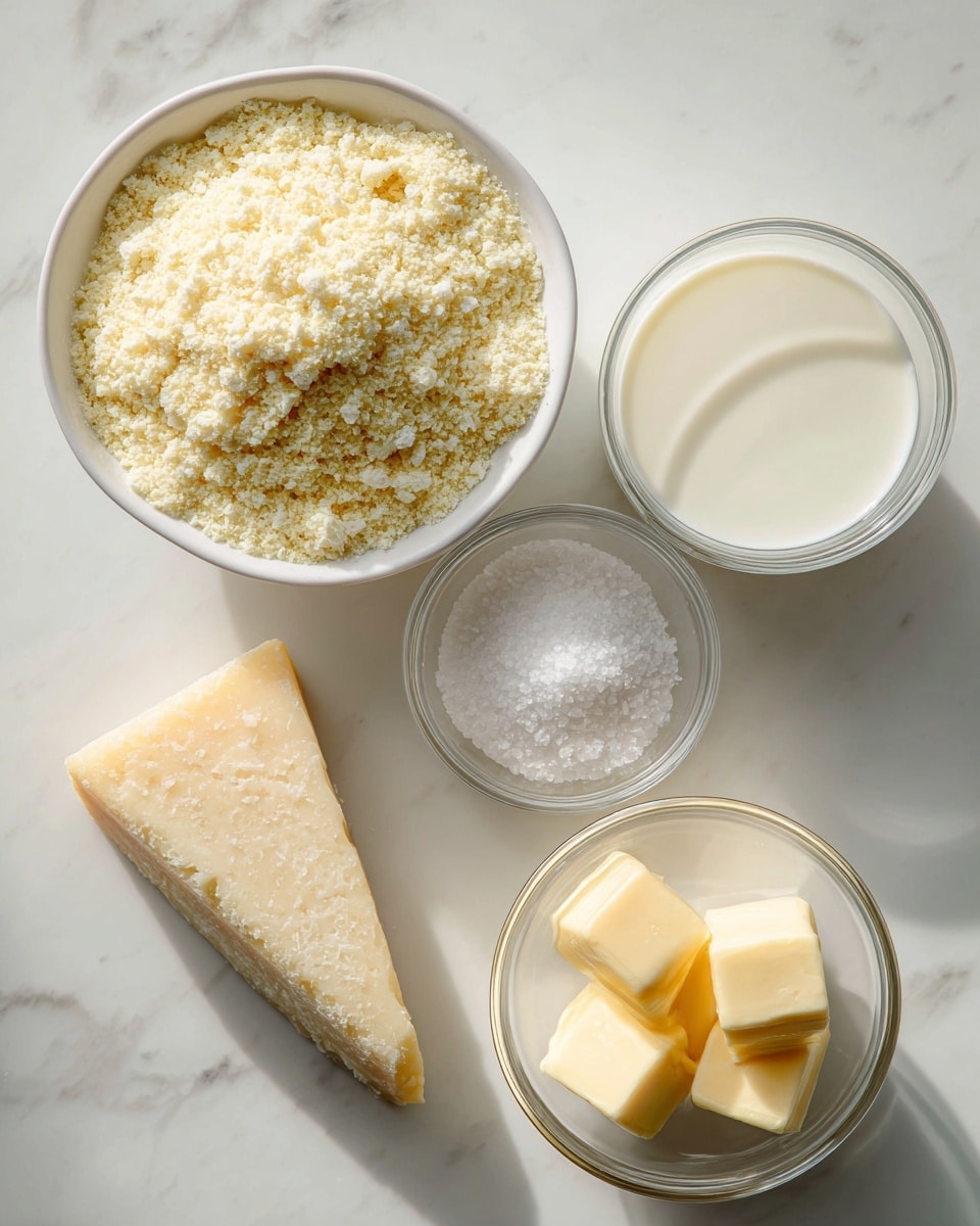 The image shows five ingredients placed neatly on a white marbled surface. On the left, there is a white bowl filled with pale yellow blanched almond flour, which has a powdery texture with small clumps. To the right, there is a small clear glass container of cream with a smooth, white liquid inside. Below it, there is a small clear bowl holding coarse white kosher salt. Next to the cream and salt, there is a wedge of parmesan cheese, pale yellow with a rough, crumbly surface and firm texture. Finally, below the cheese, a clear glass bowl holds two neat cubes of yellow butter with a smooth texture. The lighting is natural, highlighting the textures and colors vividly. Photo taken with an iphone --ar 4:5 --v 7