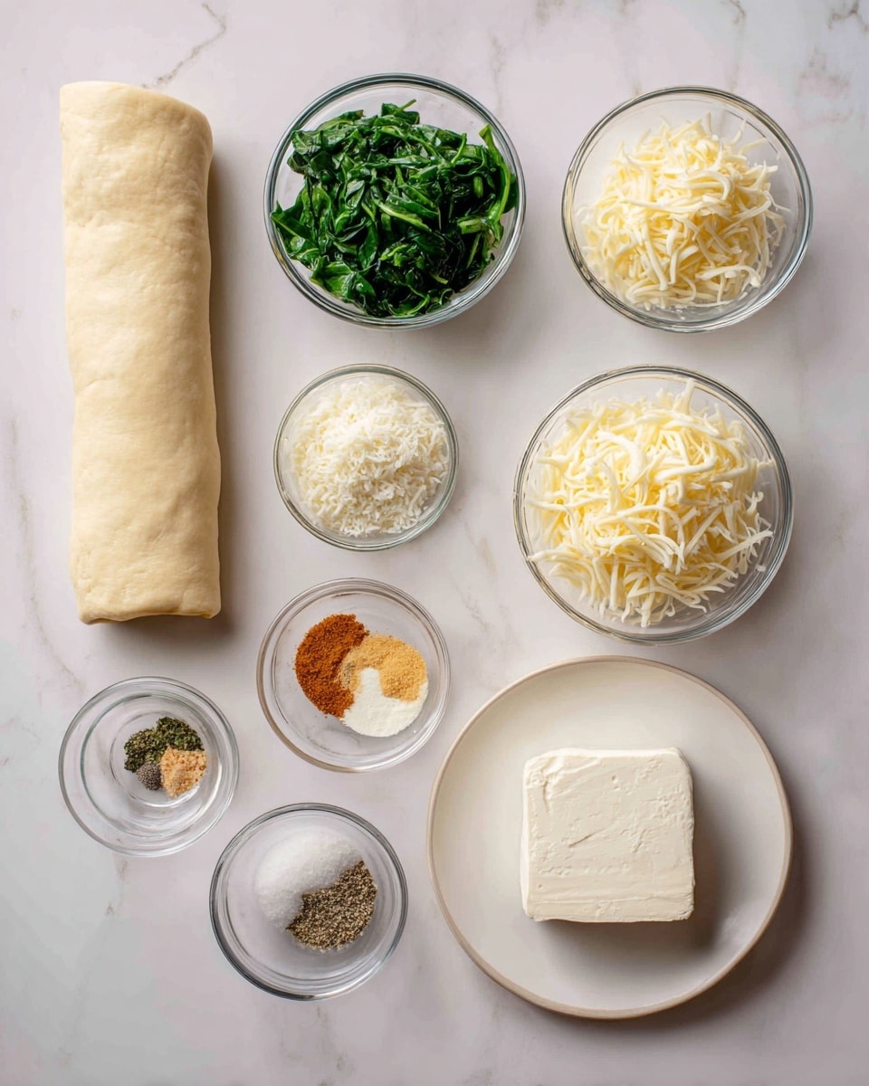 The image shows eight ingredients neatly arranged on a white marbled surface: a rolled crescent roll dough in light beige on the left side, a white plate with a block of cream cheese with a smooth texture on the bottom right, a small bowl of finely chopped fresh green spinach, and six small clear bowls containing shredded white mozzarella cheese, grated pale yellow Parmesan cheese, white salt, light brown garlic powder, orange-beige onion powder, and dark speckled black pepper, all spaced evenly across the top and middle areas. Each ingredient is clearly distinct in color and texture, placed neatly in small round clear glass bowls or on a plate. Photo taken with an iphone --ar 4:5 --v 7