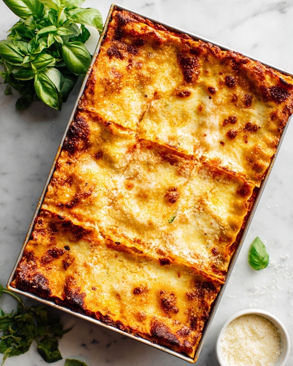 The image shows a baked lasagna in a rectangular metal pan placed on a white marbled surface. The lasagna has a top layer of melted cheese that is golden brown and bubbly with slightly crispy edges. The cheese layer shows the marks of four long pasta sheets arranged side by side, lightly browned in some spots. Beneath the cheese, a glimpse of tomato sauce can be seen near the corners. Fresh green basil leaves and a small white bowl of grated cheese sit beside the pan on the white marbled background. photo taken with an iphone --ar 4:5 --v 7