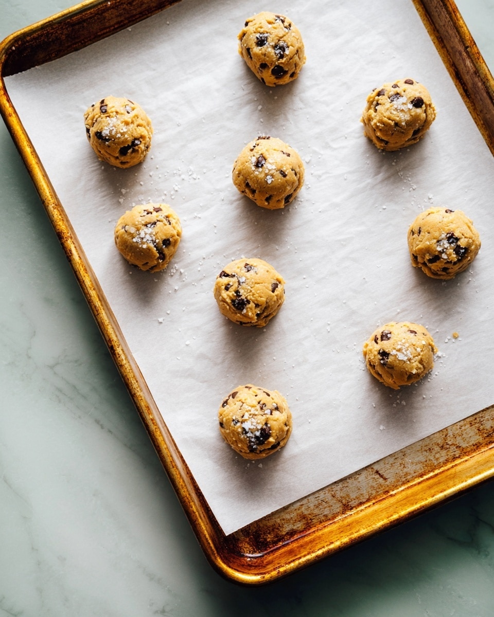 Nine small round balls of light golden cookie dough with dark chocolate chips are spaced out on a large white parchment paper that covers a metal baking sheet. Each dough ball has a slightly rough texture and is sprinkled with white crystals of coarse salt on top. The baking sheet shows signs of use with brownish marks along the edges. The scene is set on a white marbled textured surface. Photo taken with an iphone --ar 4:5 --v 7