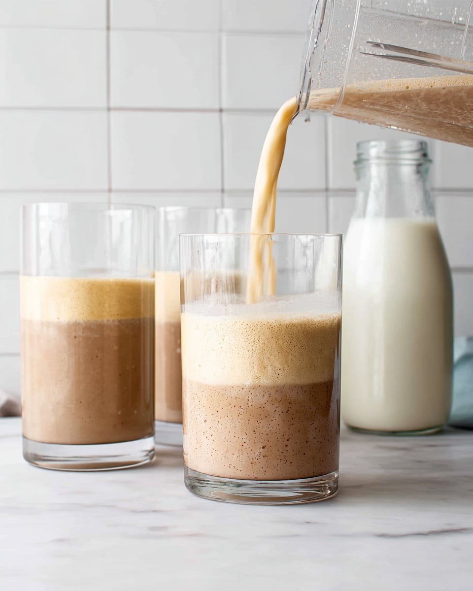 A clear glass is at the center, showing two layers inside: the bottom layer is thick and light brown with small specks, while the top layer is frothy and pale beige being poured from a clear blender tilted above. Behind it, there are two more clear glasses filled with the same thick light brown liquid and a clear glass bottle with white milk inside. All items sit on a white marbled surface with a white tiled background. Photo taken with an iphone --ar 4:5 --v 7