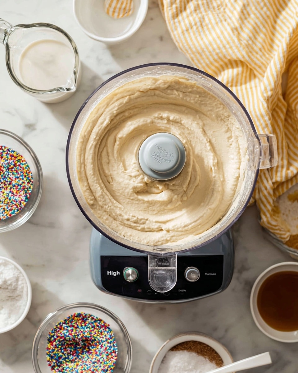 A clear food processor bowl filled with one thick single layer of light beige creamy mixture with a smooth, soft texture and slight swirls inside; the food processor rests on a dark base with buttons labeled