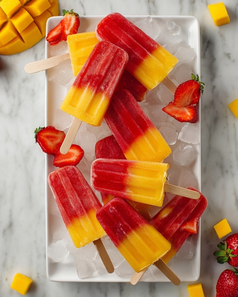 A stack of five colorful popsicles is arranged vertically on a white plate with scattered ice cubes. Each popsicle has two clear horizontal layers: a bright pink-red layer on top and a vivid yellow-orange layer on the bottom. The popsicles have a smooth, slightly frosted texture with visible small ice crystals. On top of the uppermost popsicle, there is a small white flower with a yellow center, and another similar flower leans against the lower popsicles. A halved strawberry with its red flesh and green stem is placed on the plate near the base of the stack. The scene is set on a white marbled textured surface with soft diffused lighting. Photo taken with an iphone --ar 4:5 --v 7