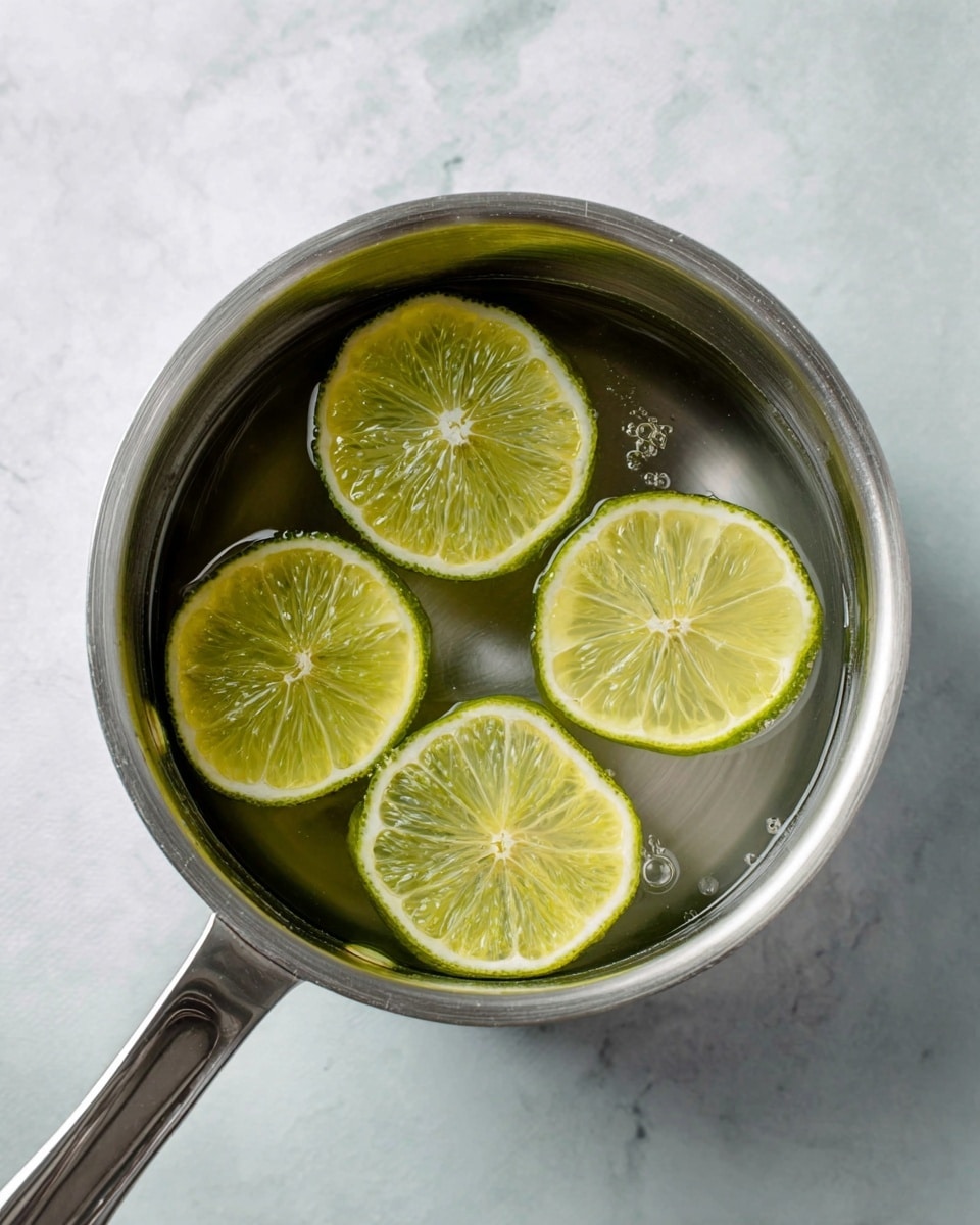 A shiny silver metal pot with a long handle contains a clear liquid with four round lime slices floating on top. Each lime slice shows the pale green flesh and white inner pith with a slightly glossy wet texture. The pot is placed on a white marbled surface that adds a clean bright background to the scene. photo taken with an iphone --ar 4:5 --v 7