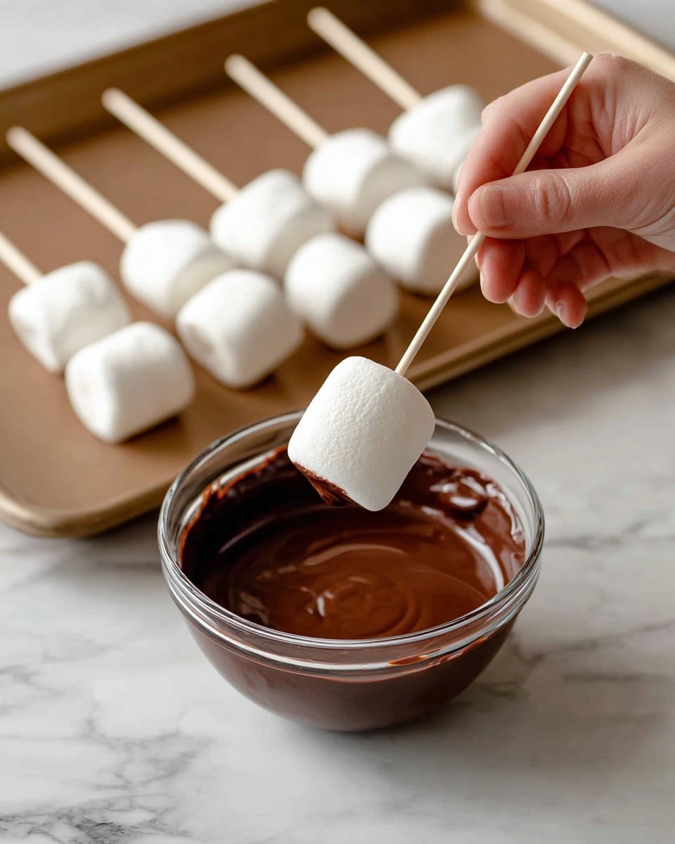 The image shows a close-up of a woman's hand dipping a large white marshmallow on a stick into a clear glass bowl filled with smooth, melted dark brown chocolate. In the background, several white marshmallows on sticks are lined up on a brown baking sheet, resting on a white marbled surface. The marshmallows are fluffy and round with a soft texture, while the chocolate looks shiny and thick. The scene highlights the process of making chocolate-covered marshmallow treats. Photo taken with an iphone --ar 4:5 --v 7
