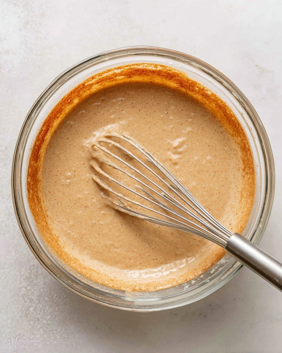 A clear glass mixing bowl sits on a white marbled surface, filled with a creamy batter that has a light brown color with small darker specks throughout. The batter fills the bowl about halfway and shows a smooth but slightly thick texture. A metal whisk with thin wire loops is partially submerged in the batter, with batter clinging to the wires. The inside rim of the bowl has a thin orange-brown coating from the batter. photo taken with an iphone --ar 4:5 --v 7