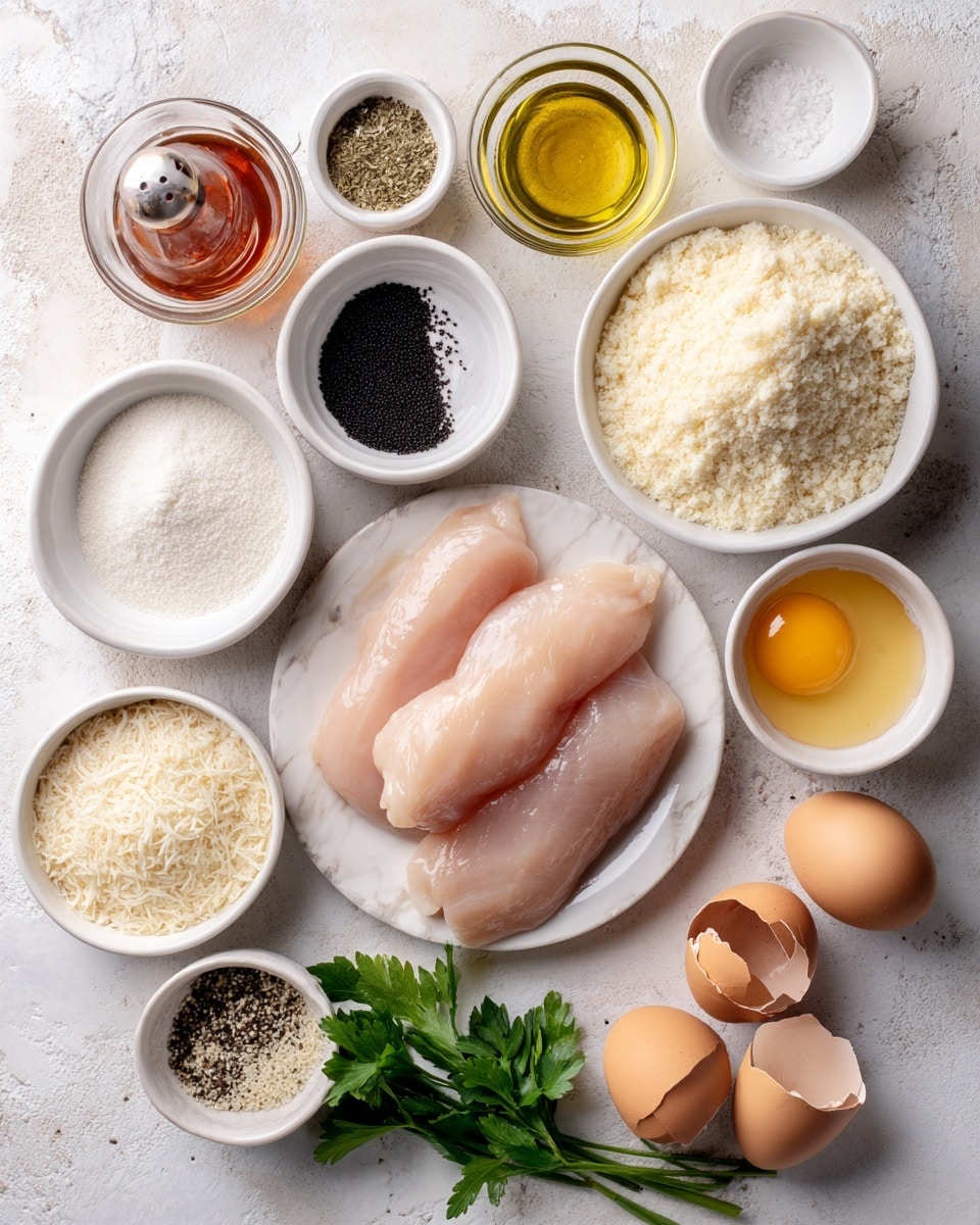The image shows a flat lay of the ingredients for a chicken dish arranged neatly on a white marbled surface. In the center, there are raw chicken tenders placed on a small white plate. Surrounding them are small white bowls containing black pepper, kosher salt, Parmesan cheese, panko breadcrumbs, and Italian breadcrumbs. There are also small glass containers with oil spray and hot sauce. Powdered garlic and onion seasoning are scattered near the ingredients. Two cracked eggs and a sprig of parsley are positioned at the bottom right. The colors are a mix of creamy beige from the breadcrumbs, light yellow from the eggs, and fresh green from the parsley. The scene is clean and organized with the text labels next to each item. photo taken with an iphone --ar 4:5 --v 7