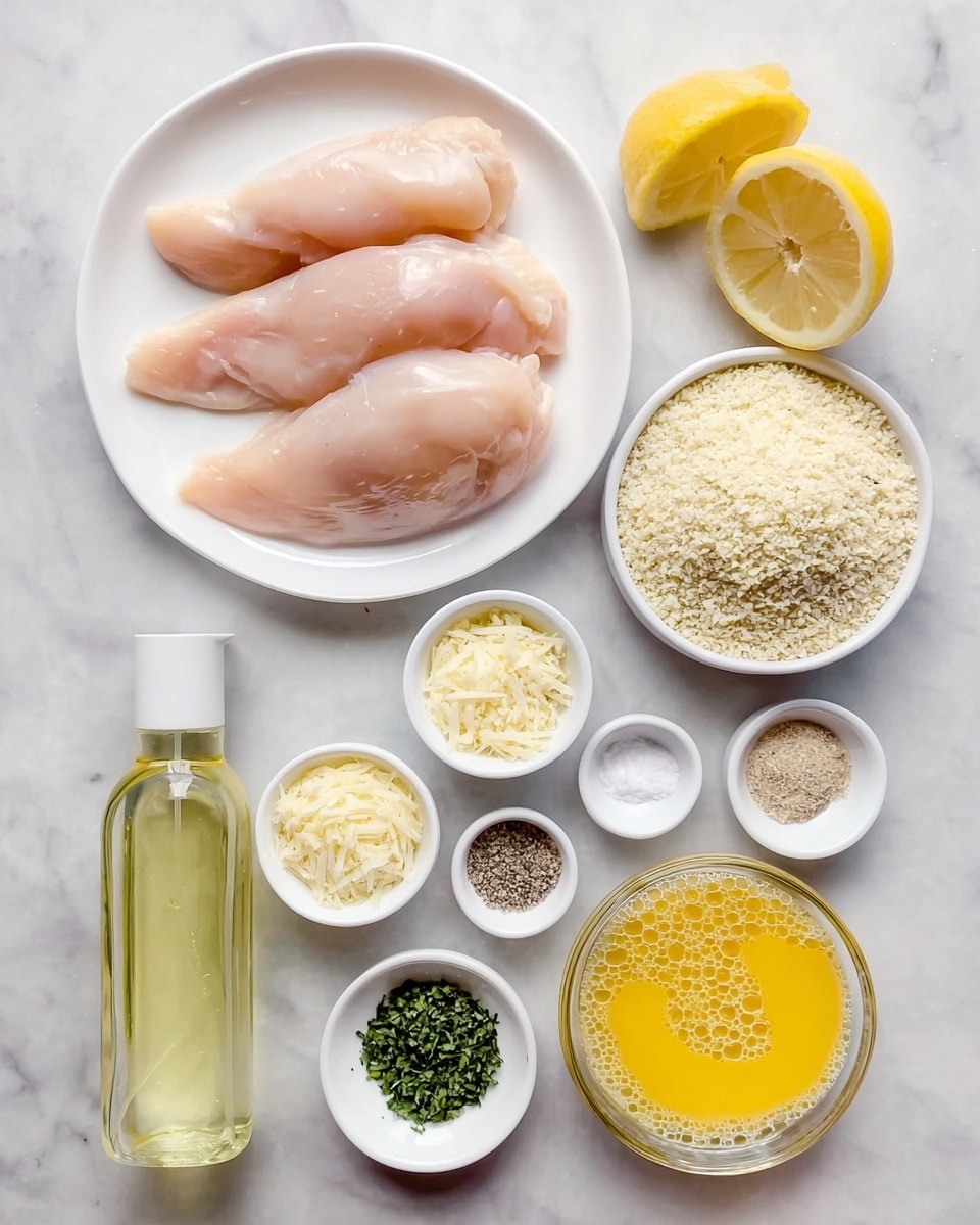 The image shows ingredients laid out on a white marbled surface. On the top left, there is a white plate with five raw chicken tenders, light pink in color and smooth in texture. To the right, there are two lemon wedges with bright yellow skin and moist flesh. Next to the lemons is a small white bowl filled with coarse, off-white breadcrumbs. Below the chicken, there is a clear bottle with light yellow oil and a white pump top. There are several small white bowls arranged around it: one with finely grated pale yellow cheese, one with chopped green herbs, one with a beige powder, one with a white powder, one with mixed black pepper and salt, and one with a light beige powder. Finally, in the bottom right corner, there is a small clear bowl containing beaten yellow eggs with bubbles visible on the surface. Photo taken with an iphone --ar 4:5 --v 7