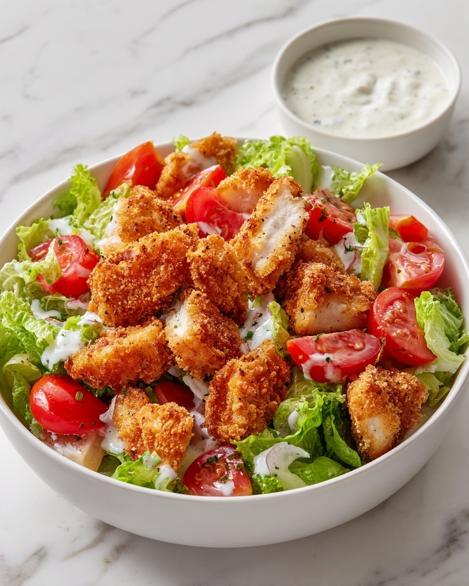 A white bowl filled with fresh green lettuce leaves as the base layer, topped with bright red tomato pieces scattered evenly. On top of that, there are crispy golden-brown breaded chicken pieces, each showing a crunchy texture. A small white bowl with creamy white dressing sits on the side inside the main bowl. The whole bowl is placed on a white marbled surface. Photo taken with an iphone --ar 4:5 --v 7