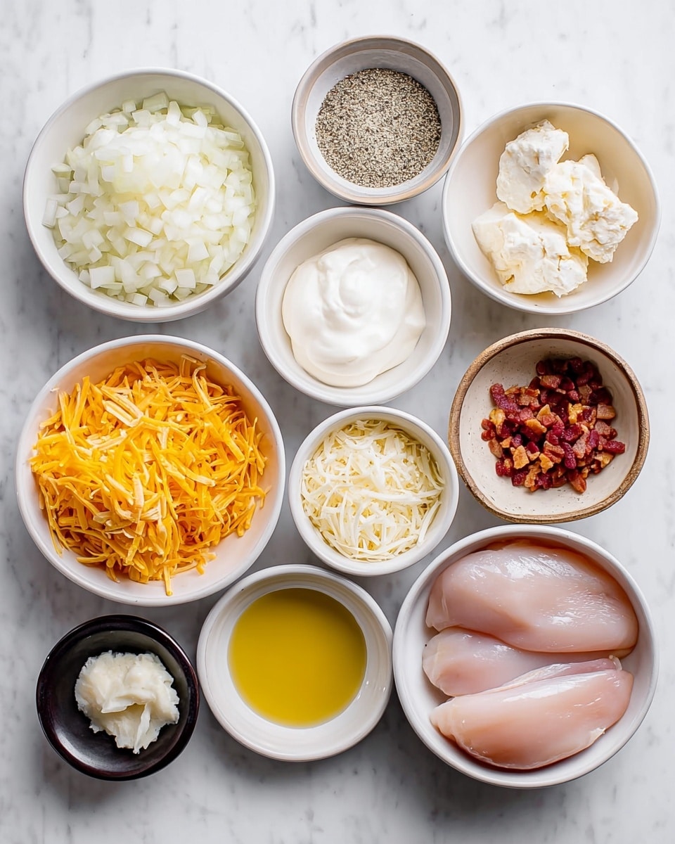 The image shows a white marbled surface with eight small white bowls and two small brown bowls arranged in a grid. The top left white bowl contains white chopped onions with a crisp texture. The bowl to the right holds a salt and pepper mix, gray and white speckled. Next to it is a white bowl filled with smooth sour cream. The far right white bowl has small chopped crispy bacon pieces in shades of brown and red. The middle left brown bowl contains a dollop of creamy sour cream, and below it, a black bowl holds finely minced garlic. The middle white bowl has orange shredded cheddar cheese with a slightly shiny texture, and next to it is another white bowl filled with finely shredded white cheese. Near the bottom center is a white bowl with golden olive oil, and on the far right is a white bowl holding three raw pale pink chicken breasts, smooth and plump. photo taken with an iphone --ar 4:5 --v 7