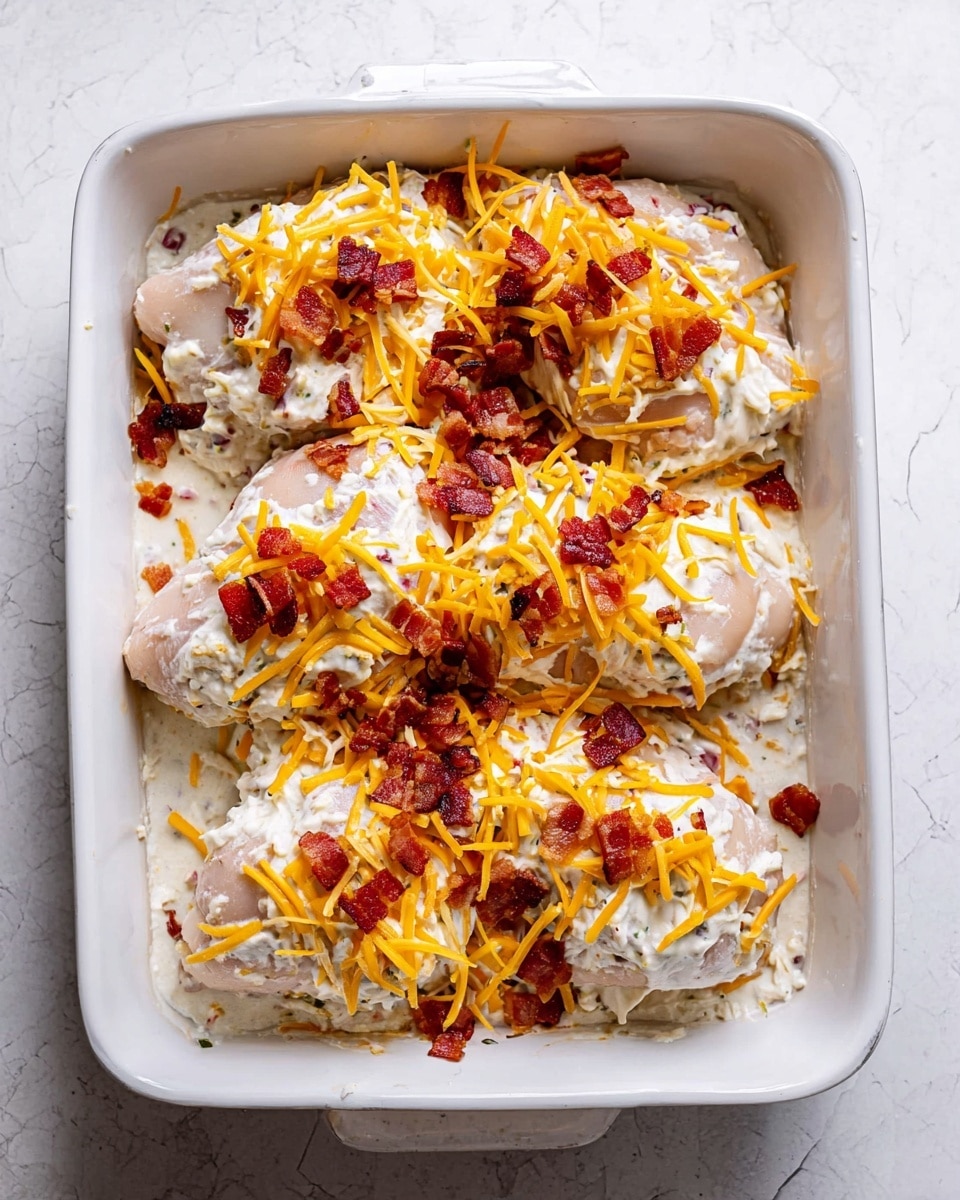 A white rectangular baking dish holds four raw chicken pieces that are covered with a thick white creamy layer mixed with small bits of ingredients. On top of the creamy layer, there are shredded yellow and white cheese scattered all over, along with small pieces of crispy red bacon sprinkled evenly. The dish sits on a white marbled surface visible around its edges, and the image is brightly lit, showing the ingredients’ colors clearly photo taken with an iphone --ar 4:5 --v 7