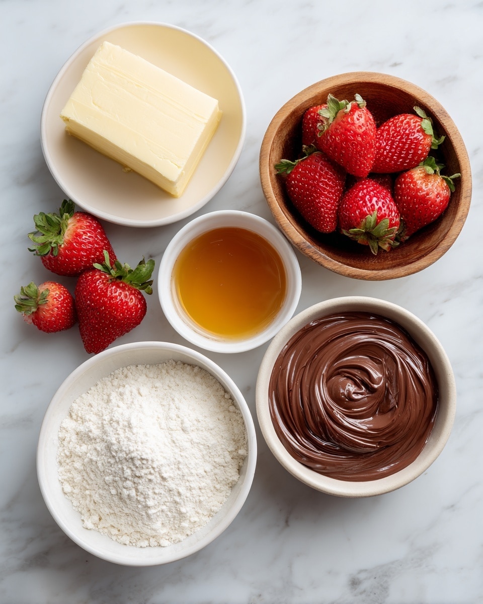 The image shows five small bowls arranged on a white marbled surface. The top left bowl contains a small block of pale yellow butter or oil, smooth in texture. To its right, a white bowl holds golden-brown maple syrup, shiny and clear. Below the butter, a wooden bowl is filled with bright red strawberries, fresh with green tops. On the bottom left, a white bowl is filled with fine white pancake mix, powdery in texture. Finally, on the bottom right, a white bowl contains glossy, swirled Nutella, dark brown and creamy. The bowls are spaced evenly with clear labels positioned near each ingredient. Photo taken with an iphone --ar 4:5 --v 7
