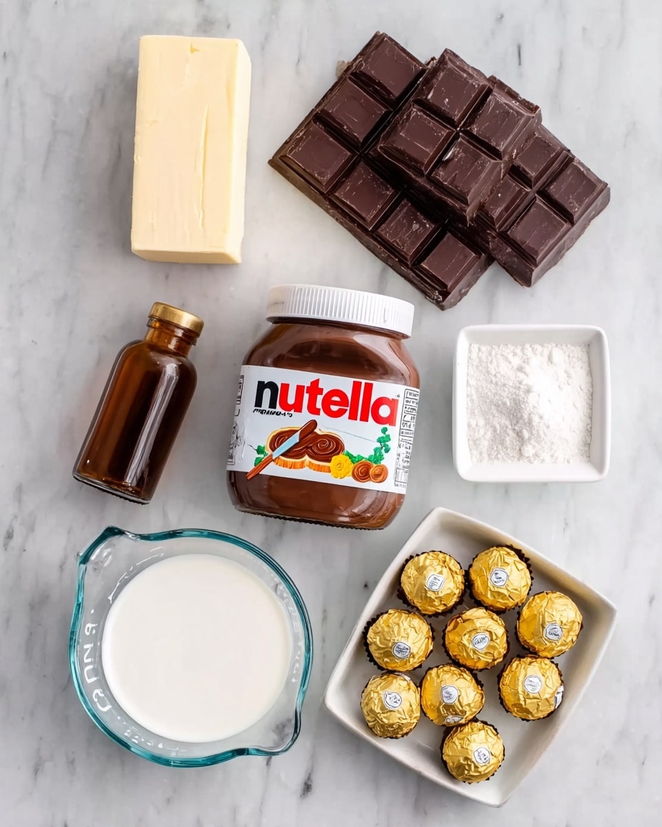 The image shows a top view of various ingredients placed on a white marbled surface. In the center is a large jar of Nutella with its label clearly visible. Above it are two rows of dark brown chocolate bars, one slightly overlapping the other. To the left of the Nutella jar is a block of pale cream-colored butter. Below the butter is a small amber bottle. On the bottom left corner is a clear glass measuring cup filled with white cream. To the right of the measuring cup are seven round yellow Ferrero Rocher chocolates arranged closely together. Above the chocolates is a small white square dish holding a heap of white powdered sugar. The overall arrangement is neat and balanced with soft natural lighting, photo taken with an iphone --ar 4:5 --v 7