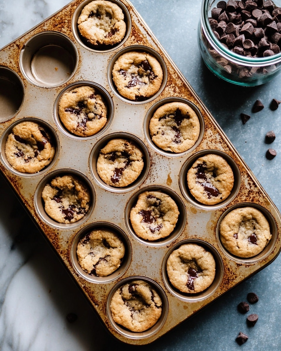 A worn metal muffin tray filled with twelve small, round chocolate chip cookie cups, each one golden brown with slightly cracked tops and visible melted dark chocolate pieces spread throughout the soft dough. The tray shows signs of heavy use with rust and baked-on marks mostly around the edges. In the upper right corner, part of a glass jar filled with dark chocolate pieces sits on a white marbled surface, with some chocolate chips scattered nearby, giving a cozy baking atmosphere. Photo taken with an iphone --ar 4:5 --v 7