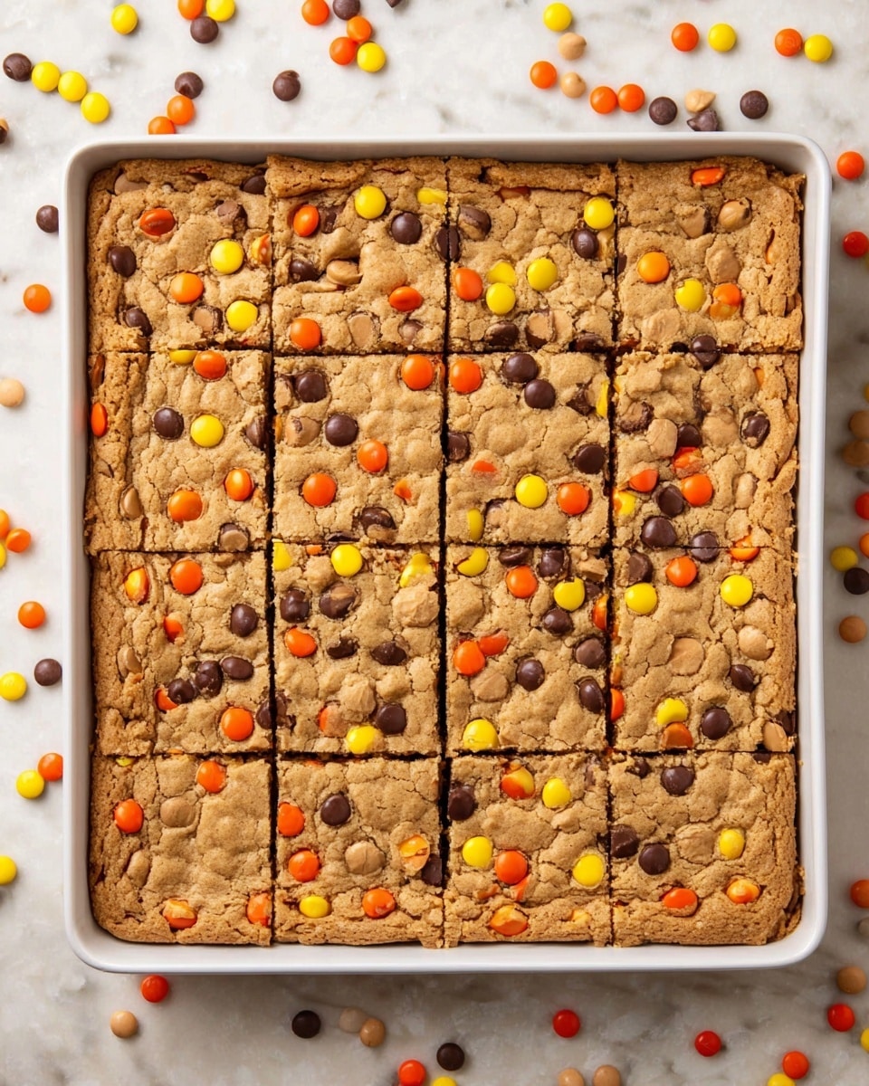 A large rectangular white baking tray filled with a golden brown cookie cake, divided evenly into 24 square pieces. The cookie surface is rough with a slightly cracked texture and is decorated with scattered candy-coated chocolate pieces in orange, yellow, brown, and tan colors spread randomly across the top. The tray rests on a white marbled surface with more candy pieces spread around it, adding a playful and colorful touch. photo taken with an iphone --ar 4:5 --v 7