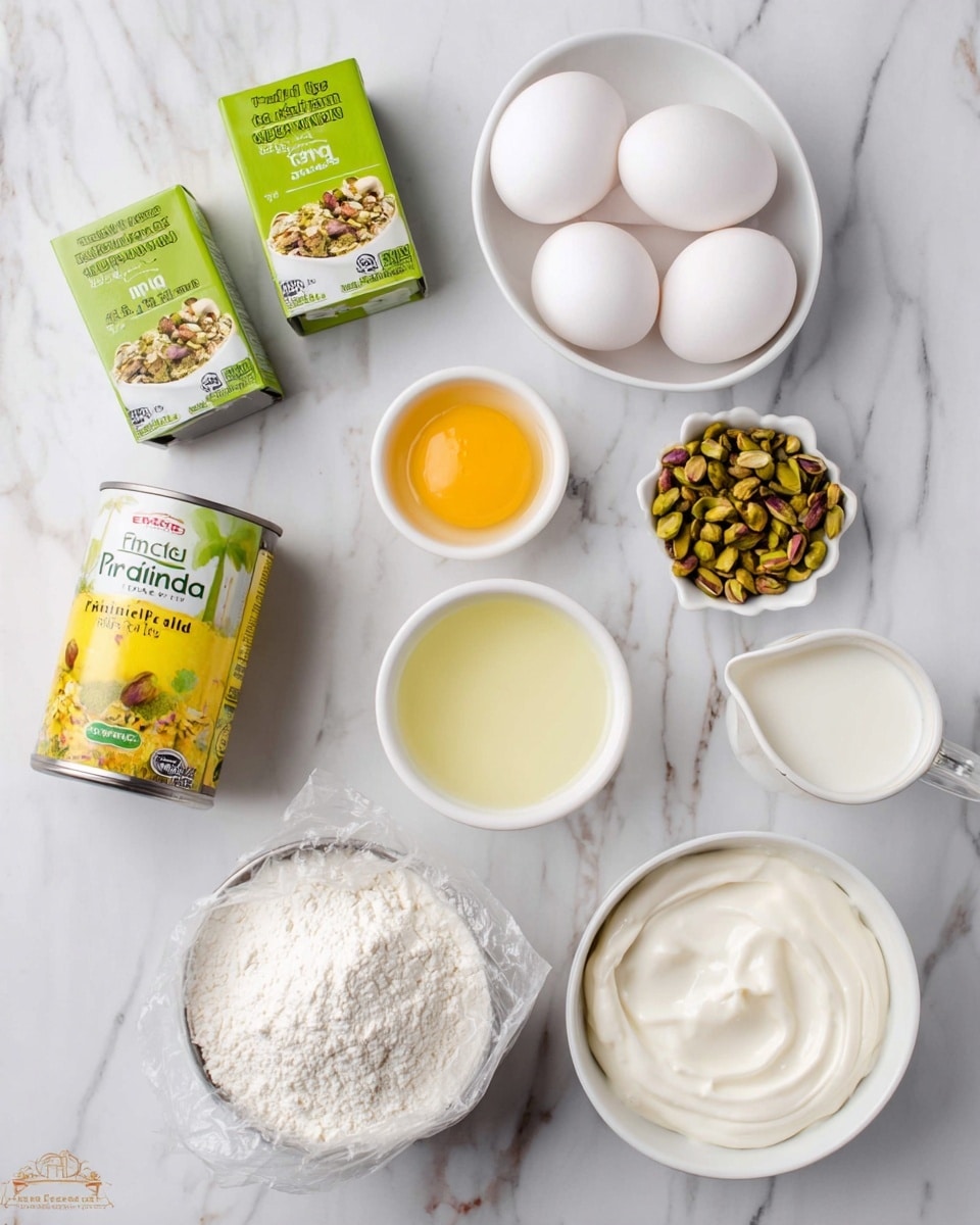 The image shows various ingredients placed neatly on a white marbled surface. There are two boxes with green pistachio instant pudding mix on the left side and a tilted can of crushed pineapple with yellow and brown colors in the middle top area. A white bowl holds three white eggs near the top right. Below that, a small glass of milk and a white pitcher with cream or condensed milk. A bowl of white powdered ingredient is placed in the center, and just below that, another white bowl contains thick white cream with textured swirls. At the bottom left, there is a small white bowl filled with crushed pistachios in yellow-green and brown shades, and next to it, a bowl with a clear yellow liquid, likely oil or juice. The photo taken with an iphone --ar 4:5 --v 7