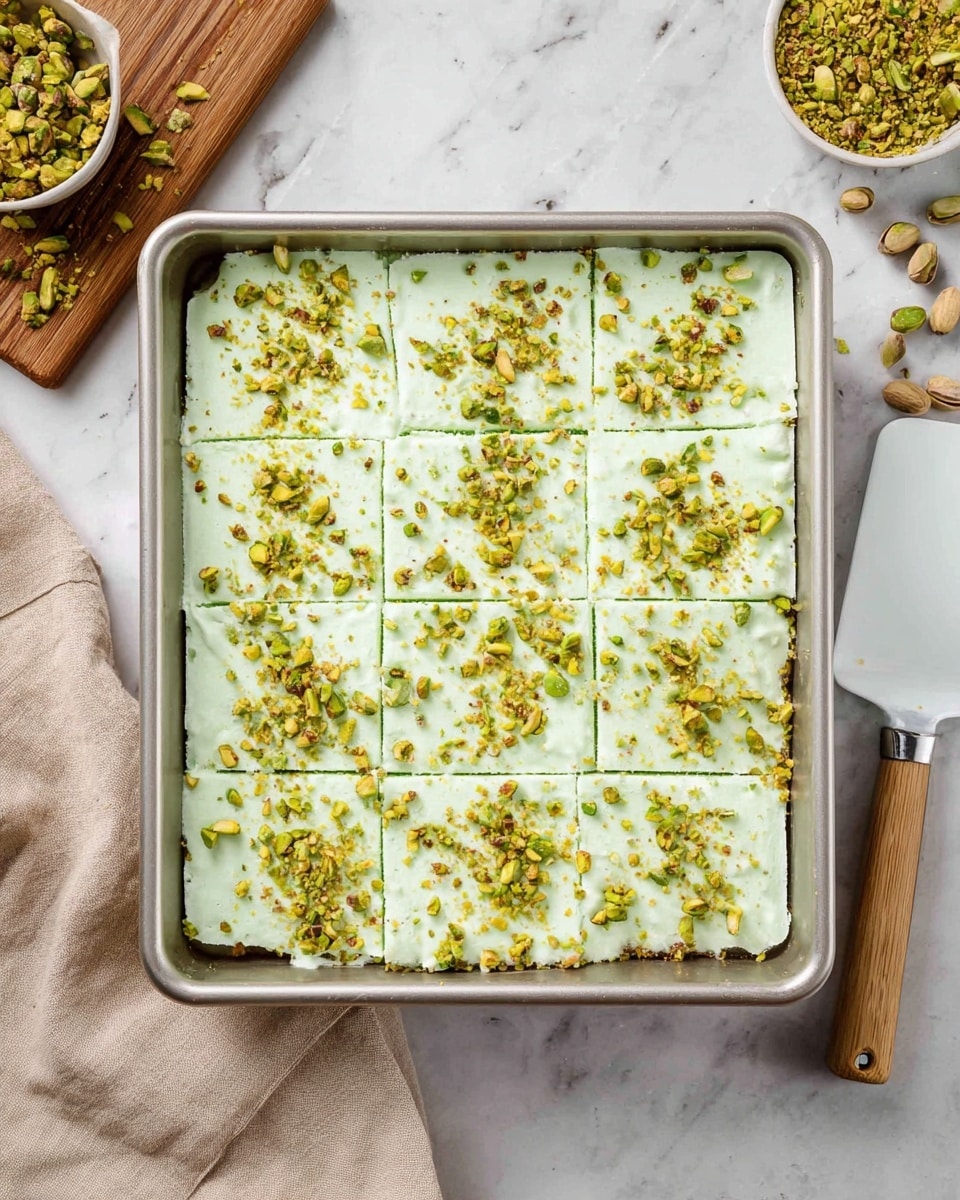 A rectangular metal pan filled with a pale green, smooth dessert cut into 12 equal squares, each topped with crushed pistachios. The dessert has a creamy texture and a light green color that looks soft and fluffy. The pan is placed on a white marbled surface with a beige cloth nearby, a wooden board with pistachios on the top left, a bowl of pistachios on the top right, and a white spatula with a silver handle on the right side. photo taken with an iphone --ar 4:5 --v 7
