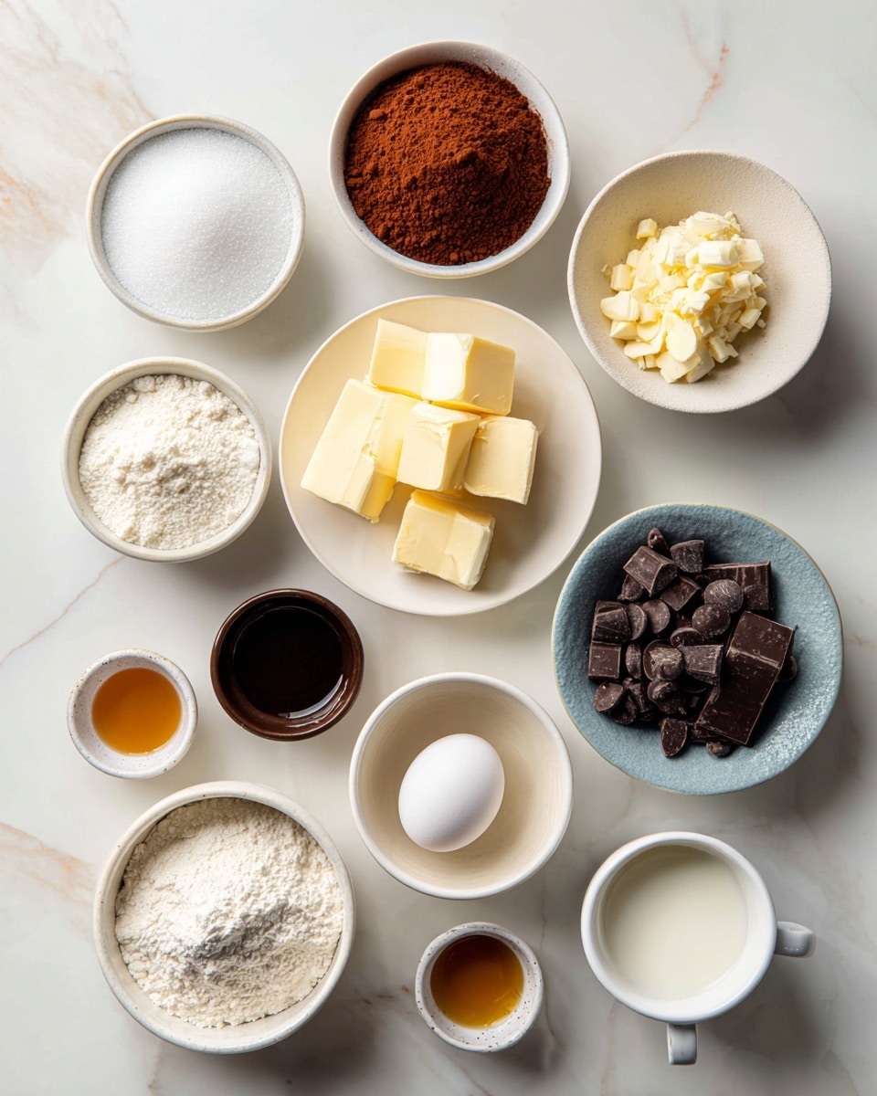 A flat top view of various baking ingredients on a white marbled surface arranged loosely in a circle: a white bowl with brown cocoa powder at top left, a small dark bowl with a white egg near the center top, a small white bowl with yellow butter cubes to the top right of the egg, a tiny white bowl with dark vanilla extract near the butter, a tiny bowl with off-white mint extract below the vanilla, a tiny bowl with golden oil below the mint extract, a tiny white bowl with white milk to the right of the oil, a white bowl filled with white powdered sugar at the bottom right, a small dark wood plate with light yellow butter chunks in the center bottom, a white bowl with white flour to the bottom left, a white bowl of white sugar above the flour, a tiny white bowl with white baking soda between the sugar and butter cubes, and a white bowl filled with dark brown chocolate chips to the right of the baking soda bowl photo taken with an iphone --ar 4:5 --v 7