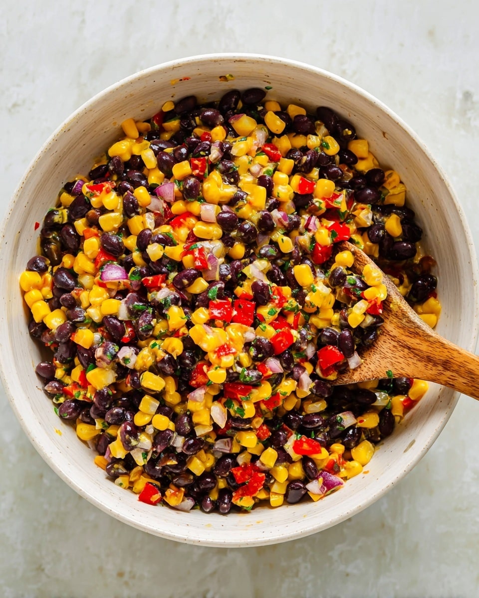 A white bowl filled with a colorful mix of black beans, bright yellow corn, and small pieces of red peppers and diced onions, all mixed evenly together, with some small green herbs sprinkled throughout. A wooden spoon rests inside the bowl, partially covered with the mix, showing a glossy and fresh texture. The bowl sits on a white marbled surface. photo taken with an iphone --ar 4:5 --v 7