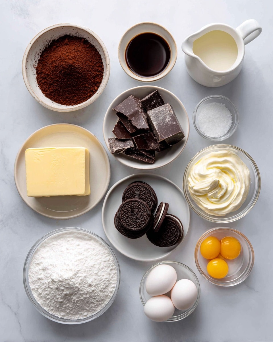 The image shows a white marbled surface with small bowls, each containing different ingredients. At the top left, a small bowl holds dark brown espresso powder, next to it a small bowl with a dark liquid vanilla. Moving right, a small white pitcher holds thick heavy cream. In the center, a clear bowl holds rough pieces of semi-sweet chocolate. Below that, a clear bowl contains dark brown Oreo cookies stacked in a small pile. To the right of the Oreos, a clear bowl is filled with white powdered sugar. At the bottom left, a small white plate holds a thick block of yellow butter. Above the butter, a small bowl contains white cream of tartar. A tiny glass bowl with white salt is placed above the butter. At the top right section, a clear bowl holds cracked eggs with visible yolks and whites. Finally, a small clear bowl with white granulated sugar sits just below the salt bowl. The arrangement is neat and evenly spaced. Photo taken with an iphone --ar 4:5 --v 7