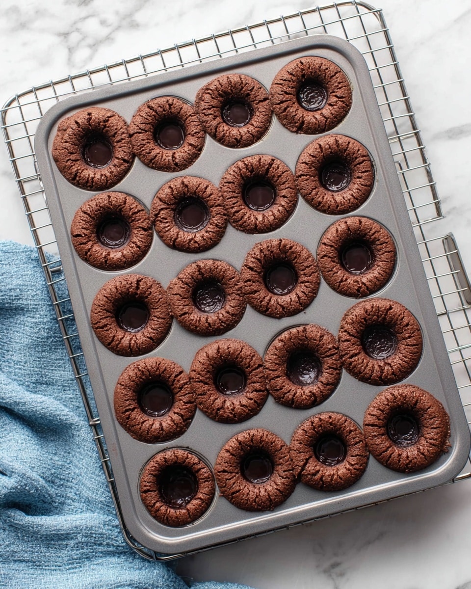 There is a grey metal baking tray filled with 24 round chocolate cookies, each with a deep hole in the center, arranged in a 4 by 6 pattern. The cookies have a rough texture with cracks, showing they are baked and slightly crispy on the edges. The tray is placed on a silver cooling rack, which rests on a white marbled surface. A soft blue cloth is partially visible beneath the cooling rack at the bottom left corner of the image. photo taken with an iphone --ar 4:5 --v 7